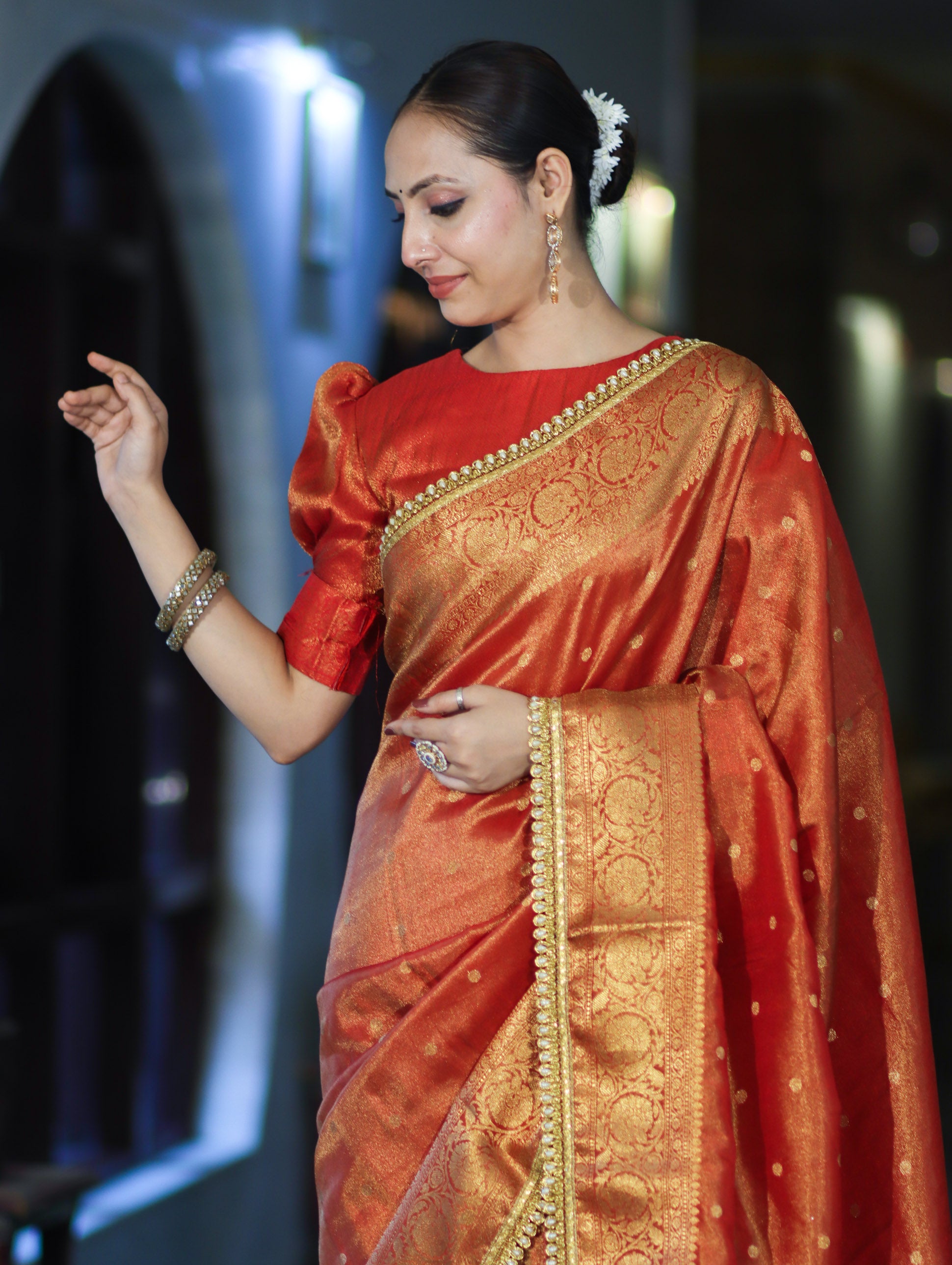 Banarasee Handloom Shimmer Silk Saree With Buti Design Floral Border & Lace-Rust Orange
