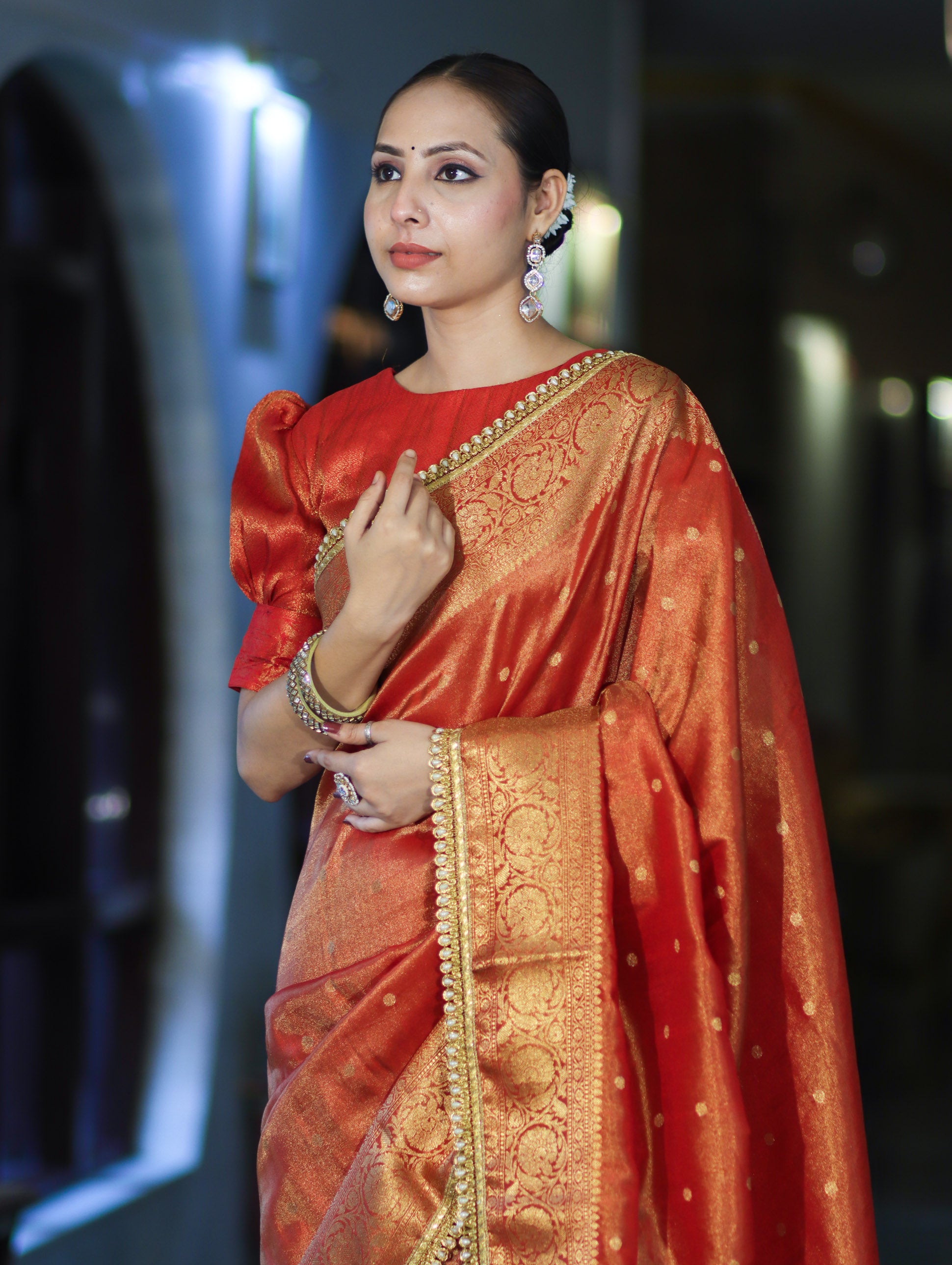 Banarasee Handloom Shimmer Silk Saree With Buti Design Floral Border & Lace-Rust Orange