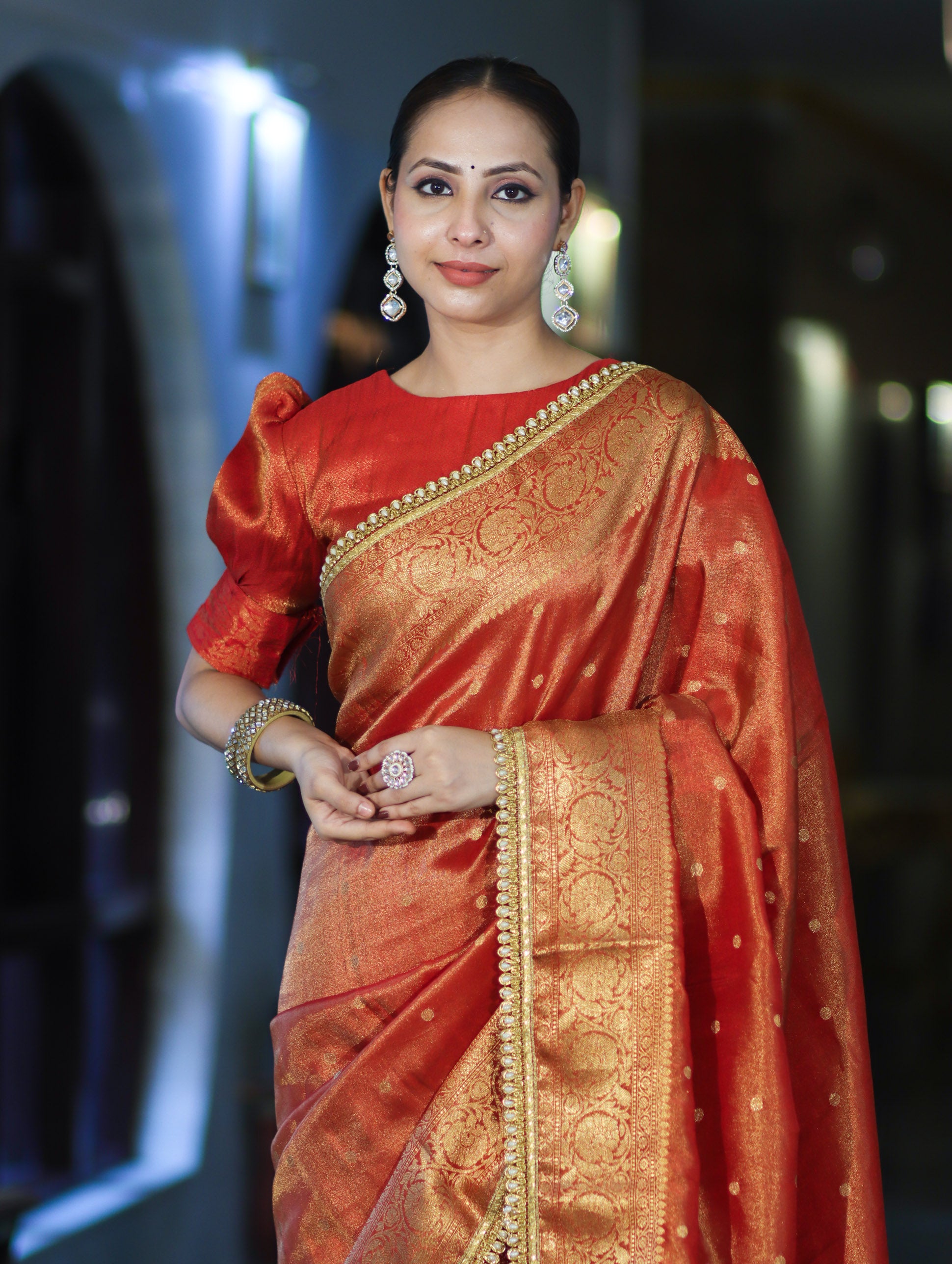 Banarasee Handloom Shimmer Silk Saree With Buti Design Floral Border & Lace-Rust Orange