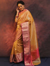Banarasee Handwoven Broad Border Zari Design Tissue Saree-Gold & Pink