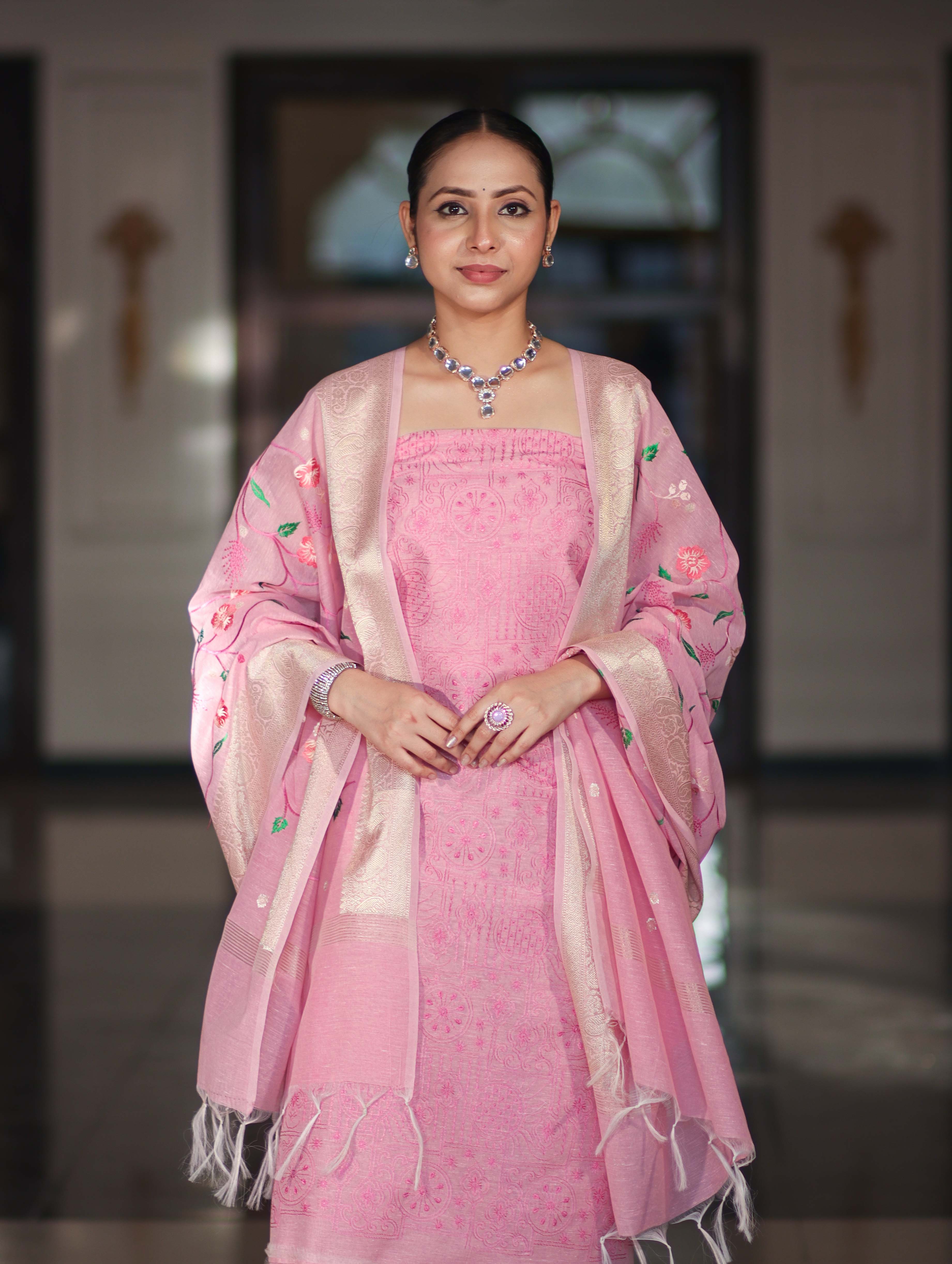 Banarasee Embroidered Linen Cotton Salwar Kameez Fabric With Dupatta Set-Light Pink