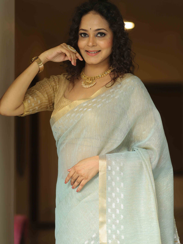 Banarasee Linen Tissue Sona Rupa Zari Work Saree-Light Blue
