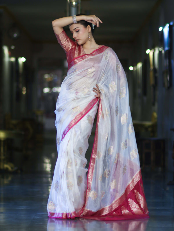 Banarasee Semi Silk Saree With Zari Floral Buta Design & Contrast Border-White