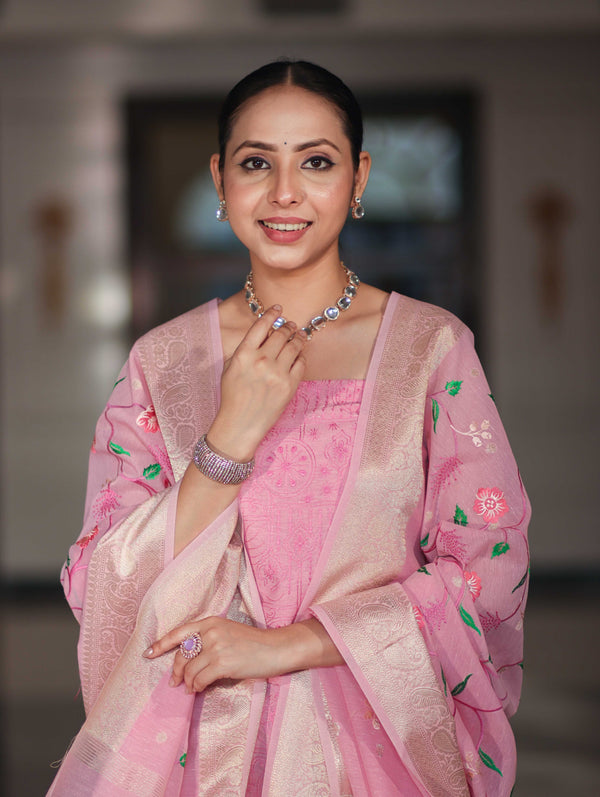 Banarasee Embroidered Linen Cotton Salwar Kameez Fabric With Dupatta Set-Light Pink