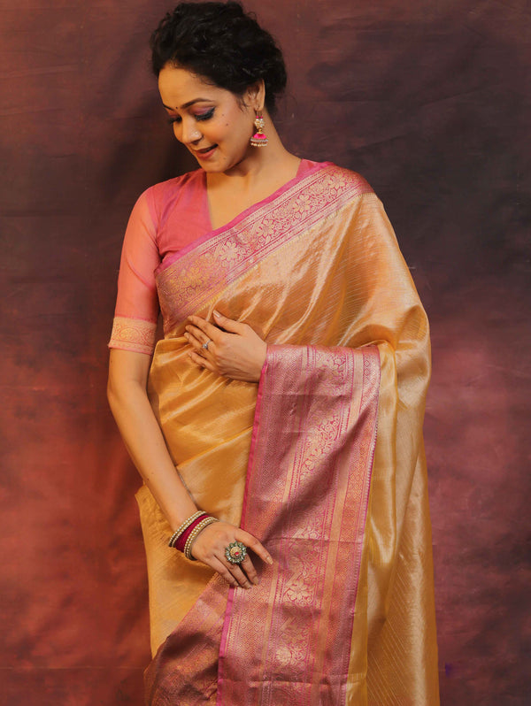 Banarasee Handwoven Broad Border Zari Design Tissue Saree-Gold & Pink