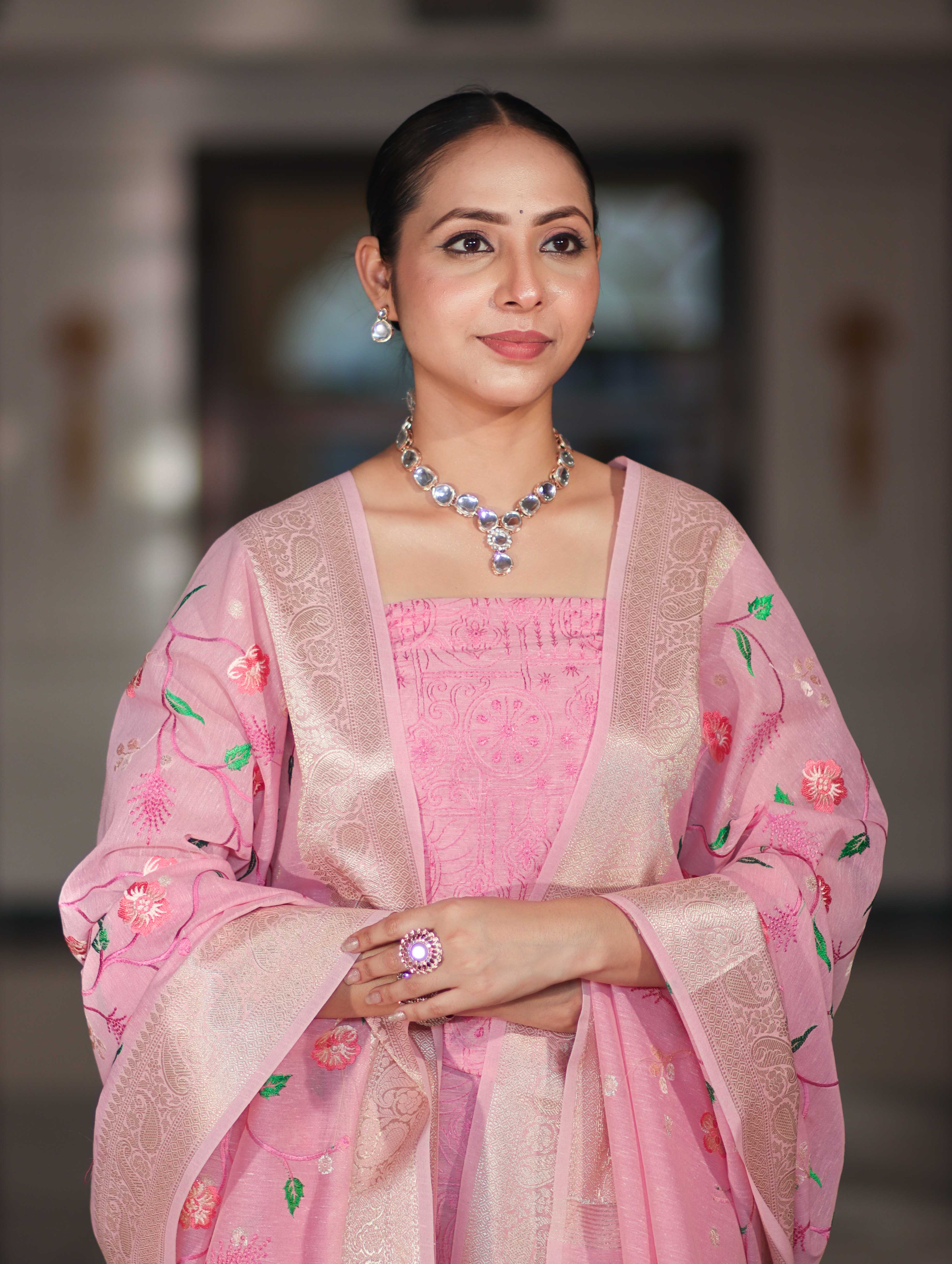 Banarasee Embroidered Linen Cotton Salwar Kameez Fabric With Dupatta Set-Light Pink
