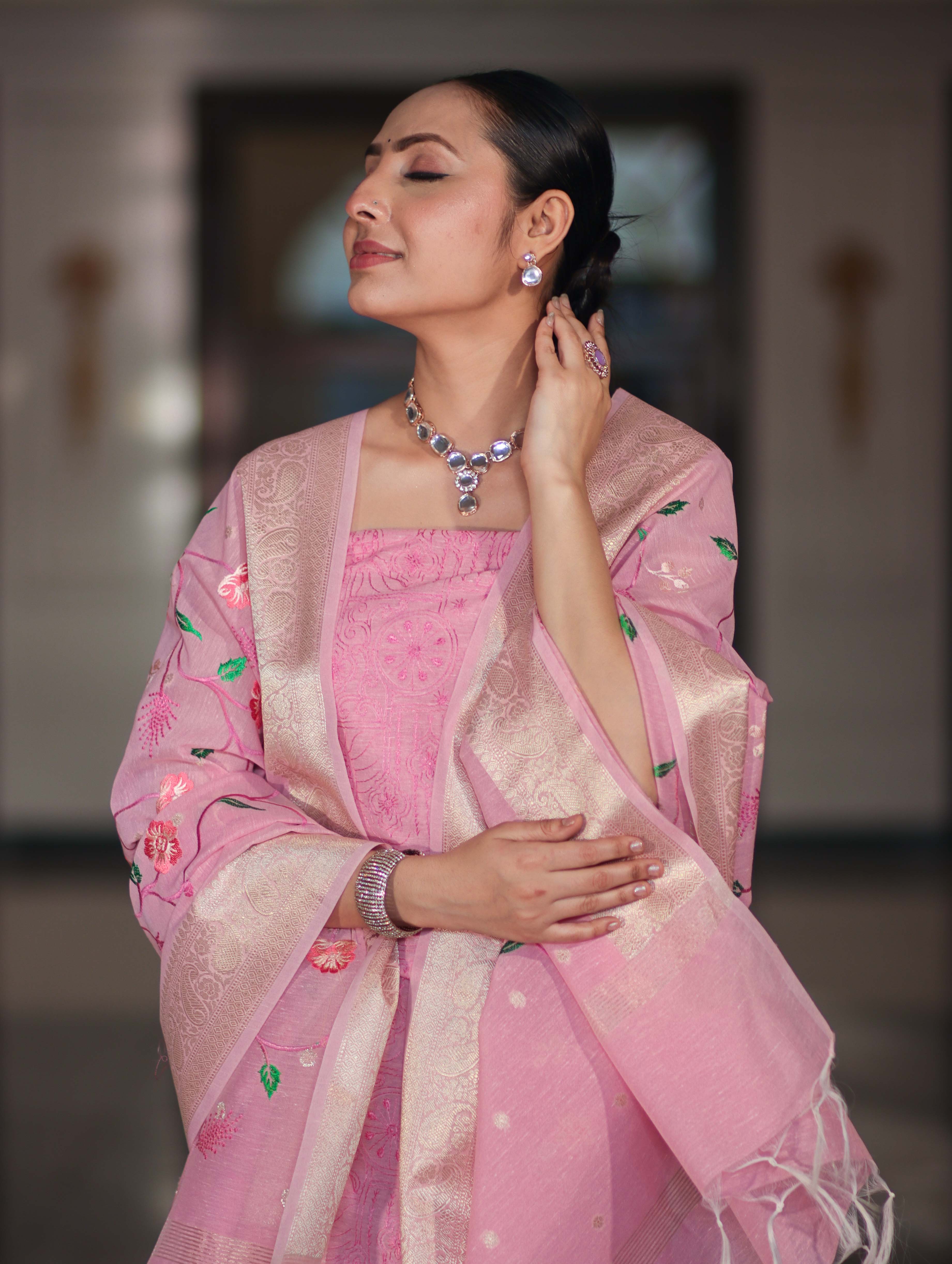 Banarasee Embroidered Linen Cotton Salwar Kameez Fabric With Dupatta Set-Light Pink