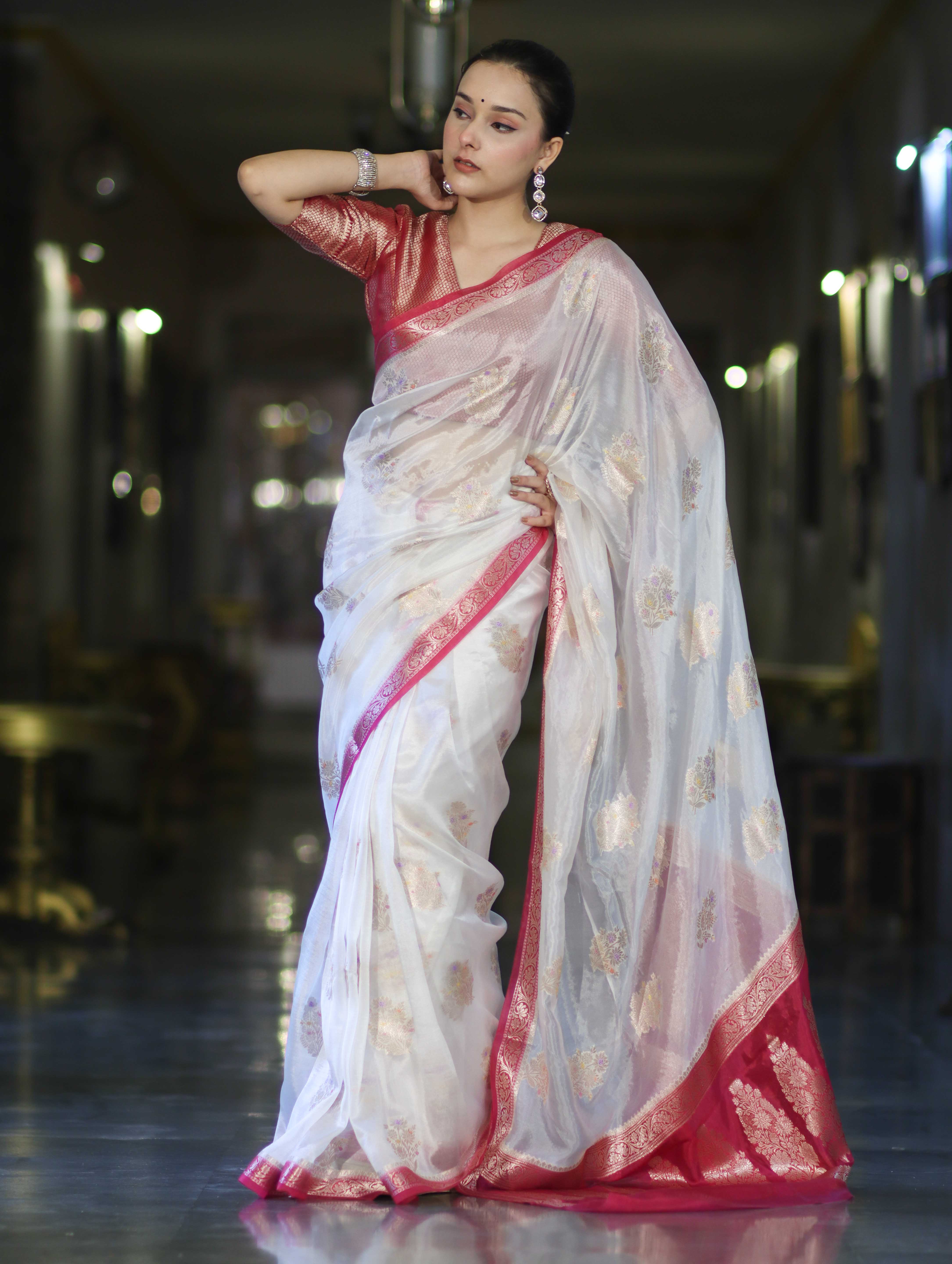 Banarasee Handloom Dupion Silk Saree With Zari Floral Buta Design & Border-White