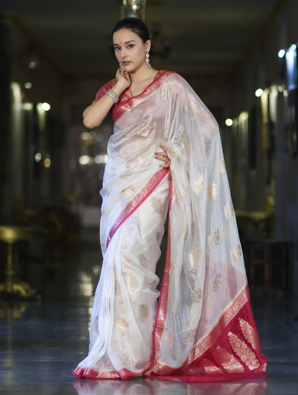 Banarasee Handloom Dupion Silk Saree With Zari Floral Buta Design & Border-White