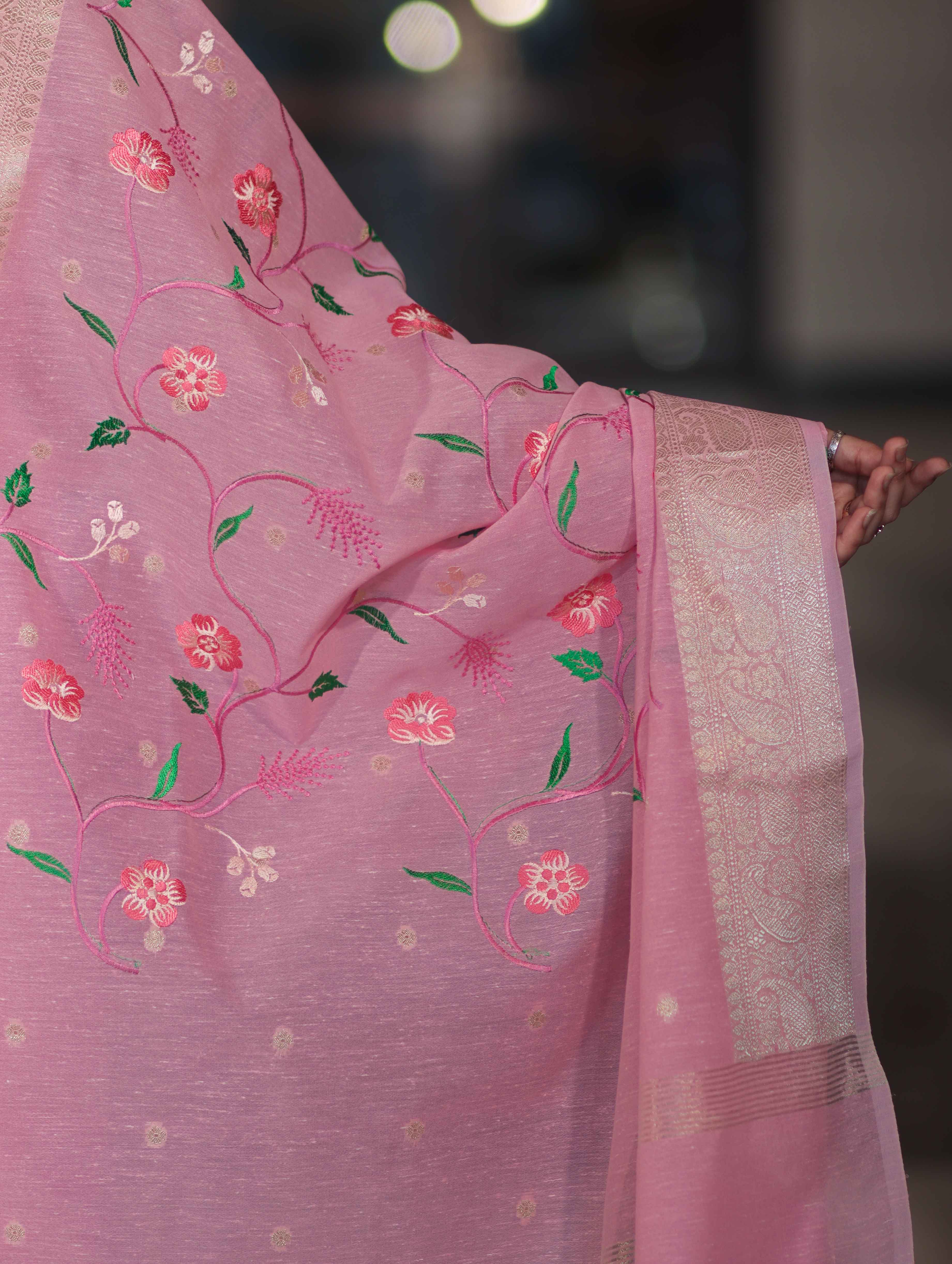 Banarasee Embroidered Linen Cotton Salwar Kameez Fabric With Dupatta Set-Light Pink