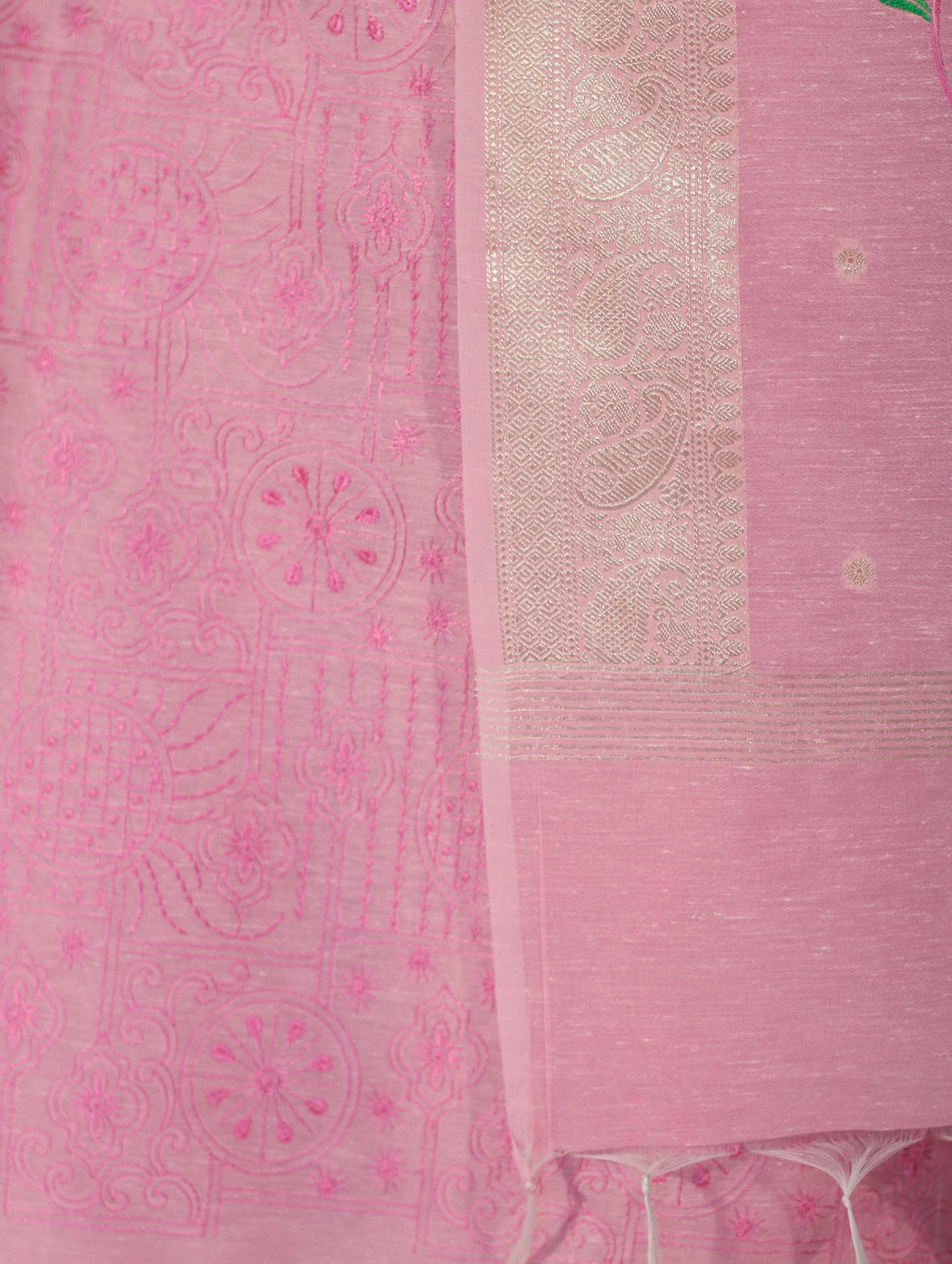 Banarasee Embroidered Linen Cotton Salwar Kameez Fabric With Dupatta Set-Light Pink