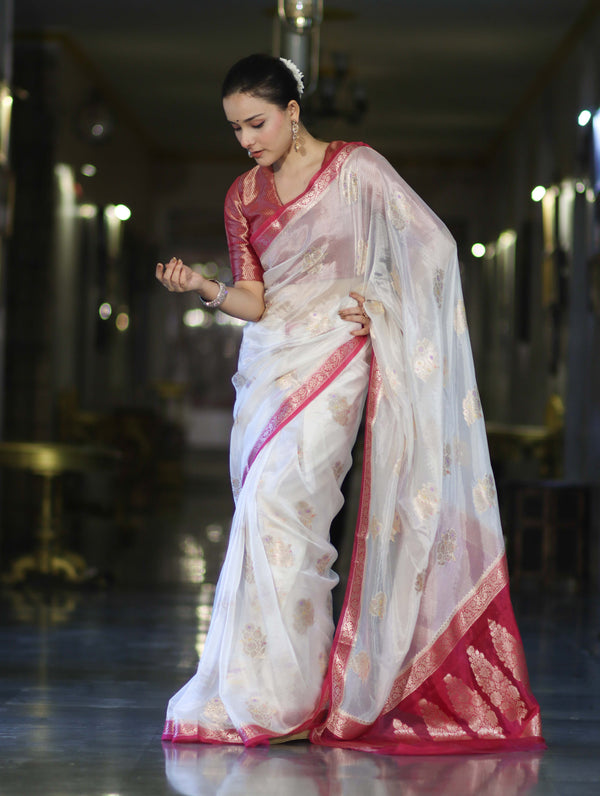 Banarasee Handloom Dupion Silk Saree With Zari Floral Buta Design & Border-White