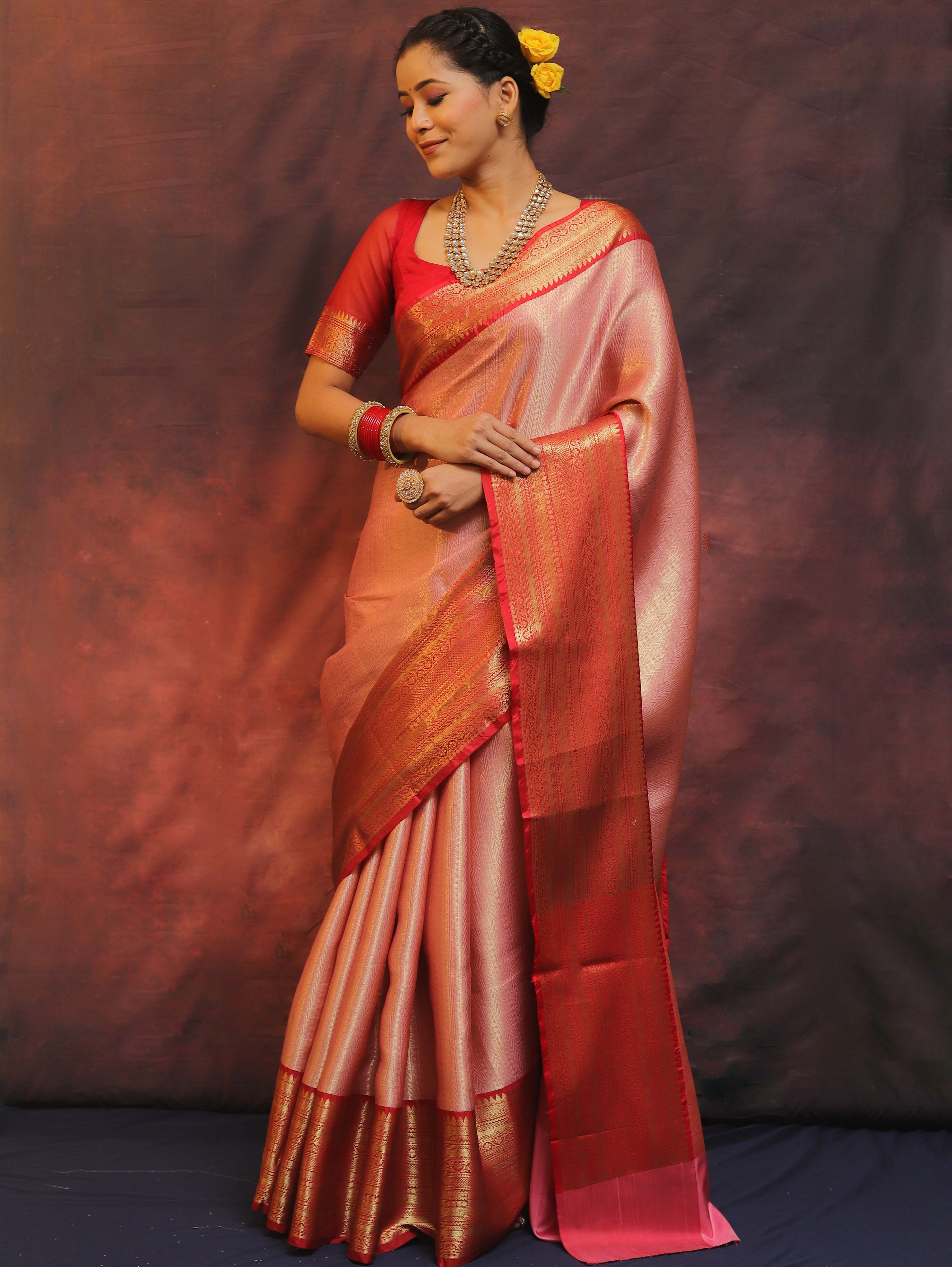 Banarasee Handwoven Broad Border Zari Design Tissue Saree-Pink & Red