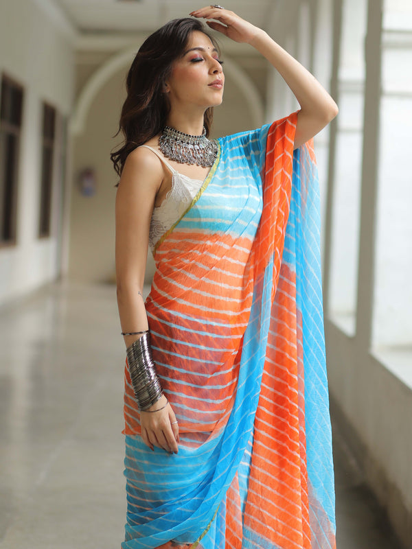 Banarasee Pure Chiffon Hand-Dyed Leheriya Saree With Gold Border-Blue & Orange