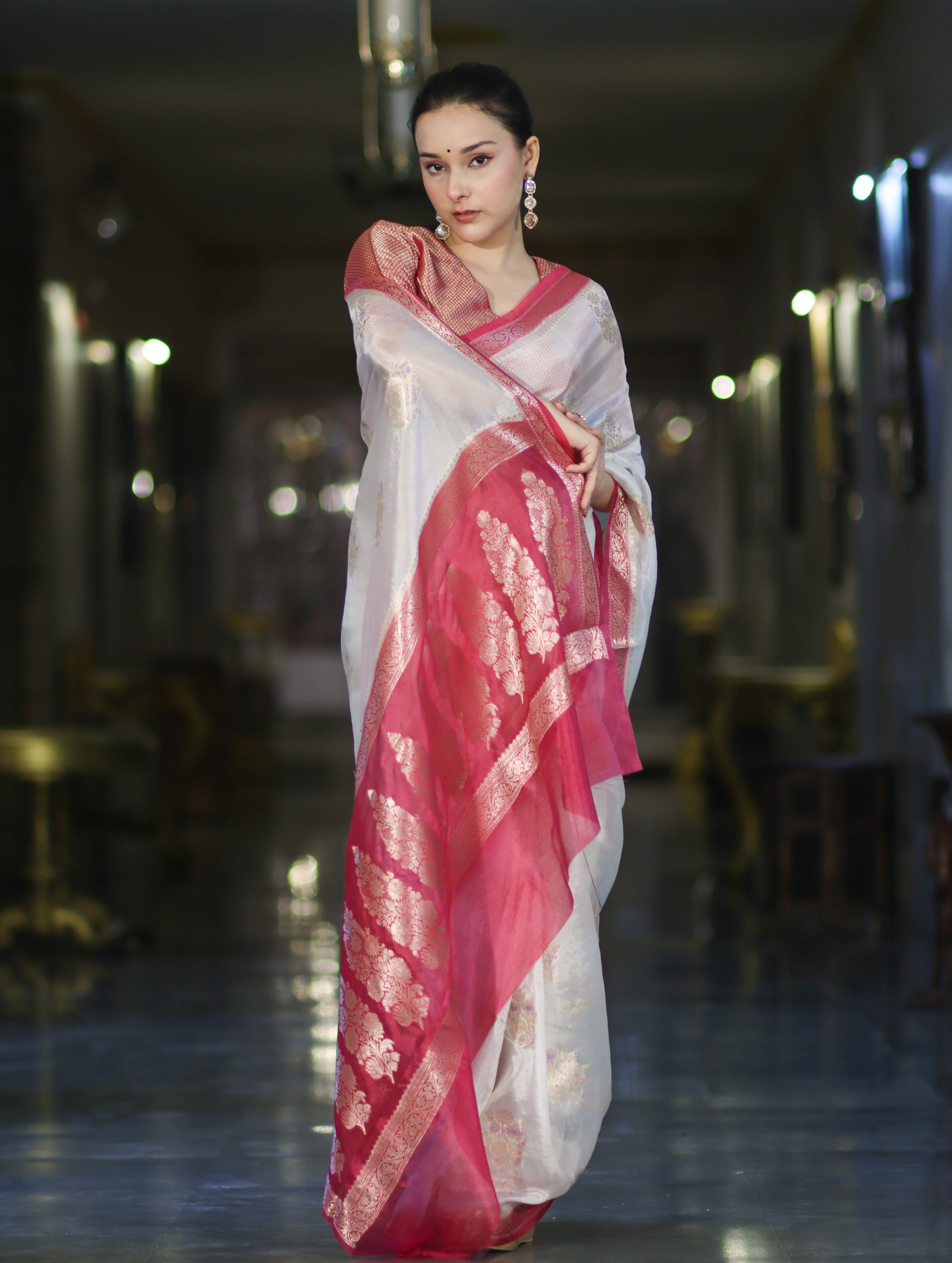 Banarasee Handloom Dupion Silk Saree With Zari Floral Buta Design & Border-White