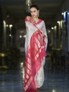 Banarasee Handloom Dupion Silk Saree With Zari Floral Buta Design & Border-White