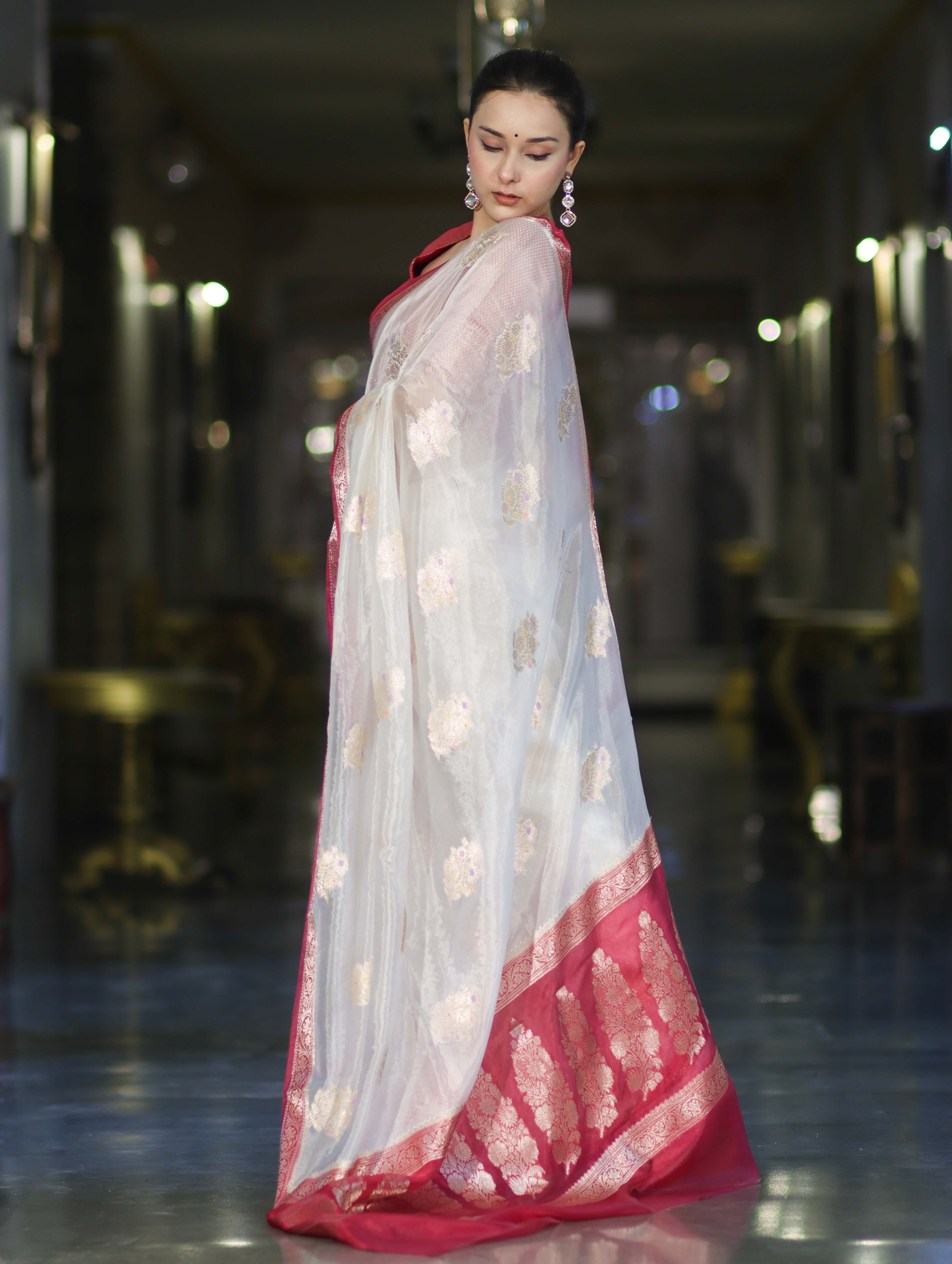 Banarasee Handloom Dupion Silk Saree With Zari Floral Buta Design & Border-White