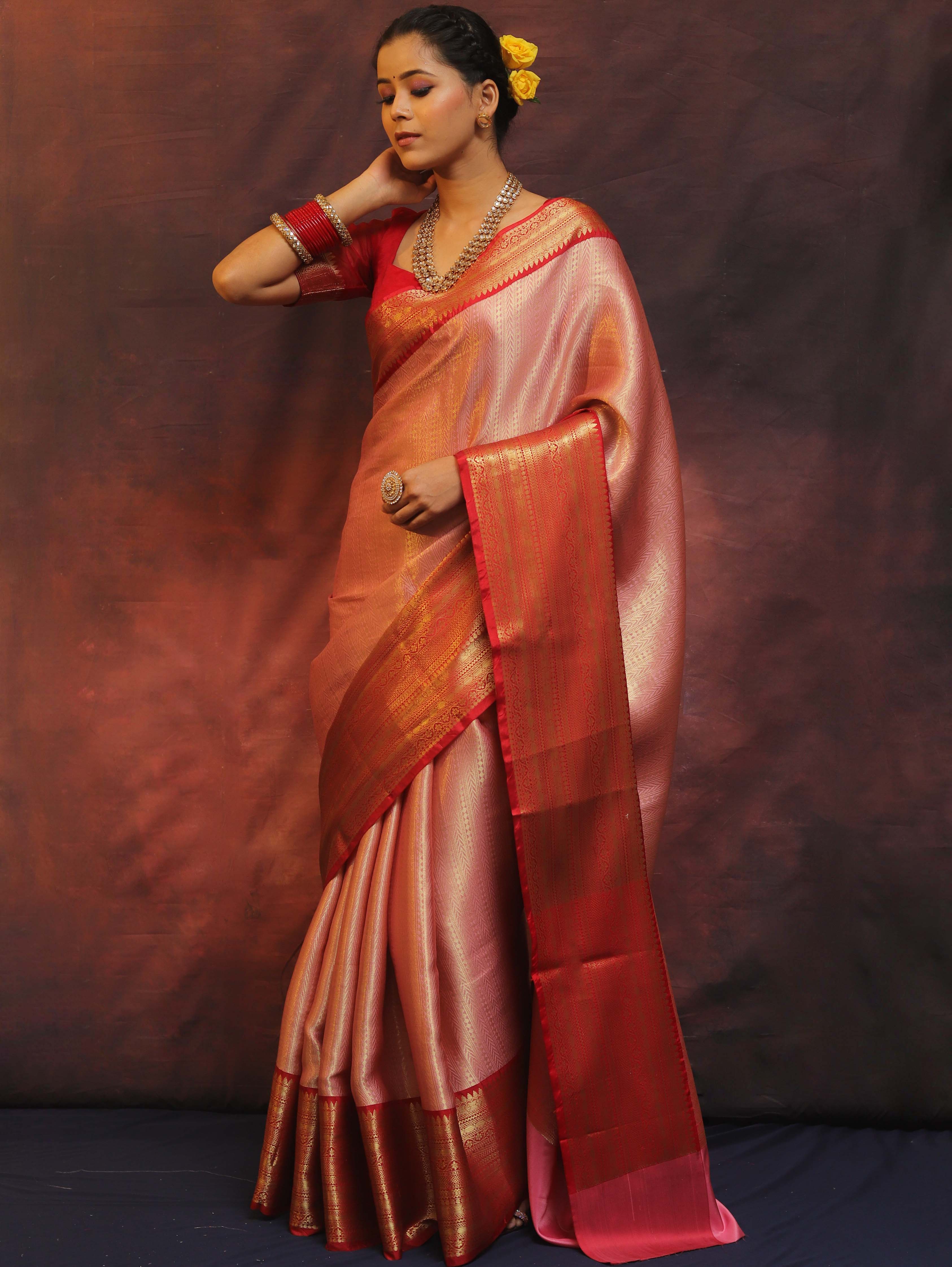 Banarasee Handwoven Broad Border Zari Design Tissue Saree-Pink & Red