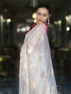 Banarasee Handloom Dupion Silk Saree With Zari Floral Buta Design & Border-White
