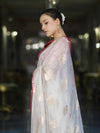 Banarasee Handloom Dupion Silk Saree With Zari Floral Buta Design & Border-White