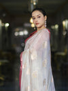 Banarasee Handloom Dupion Silk Saree With Zari Floral Buta Design & Border-White