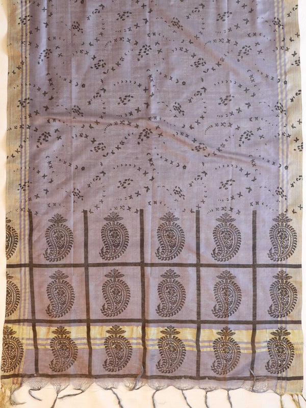 Handloom Block Printed Khadi Cotton Salwar Kameez With Dupatta Set-Grey