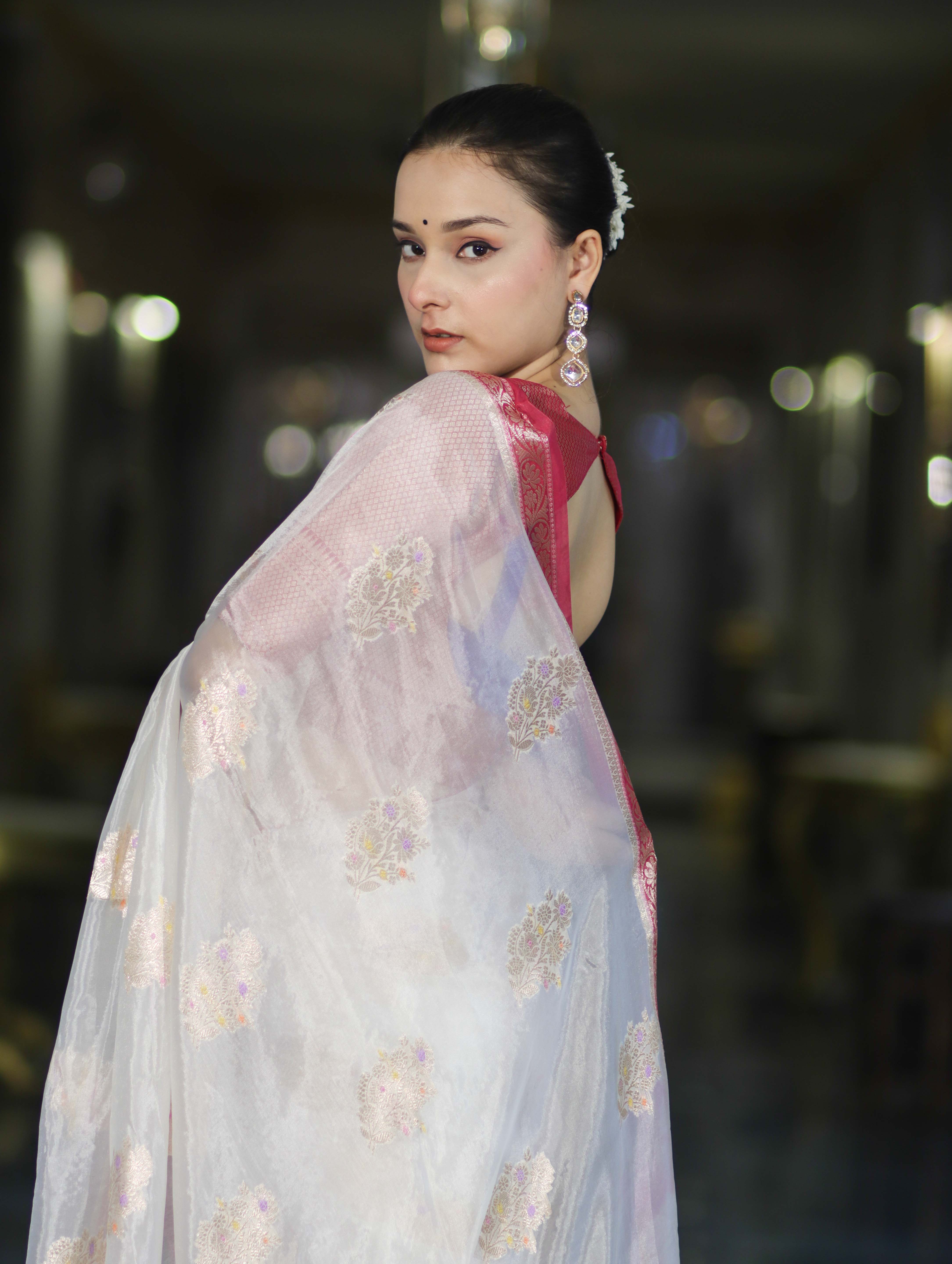 Banarasee Handloom Dupion Silk Saree With Zari Floral Buta Design & Border-White