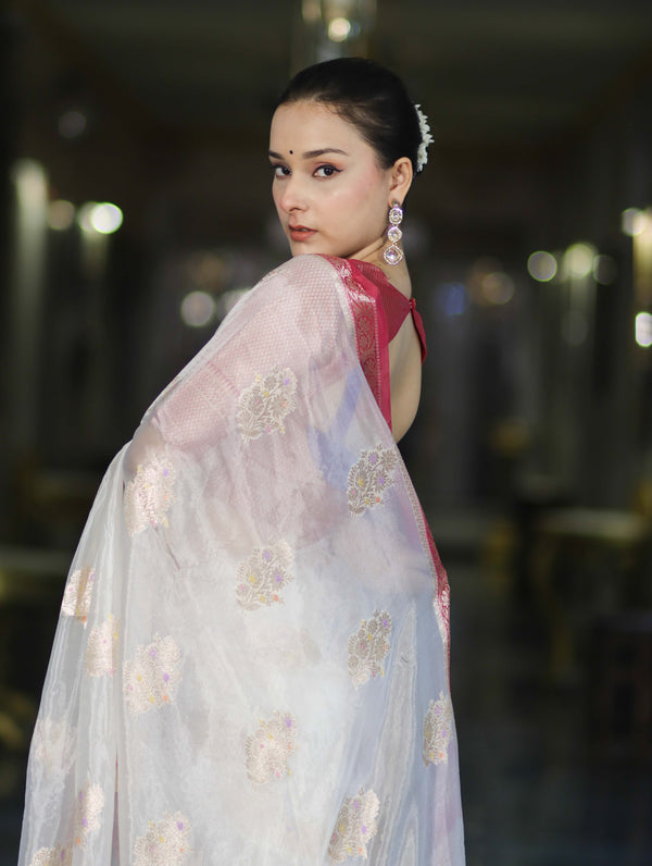 Banarasee Semi Silk Saree With Zari Floral Buta Design & Contrast Border-White