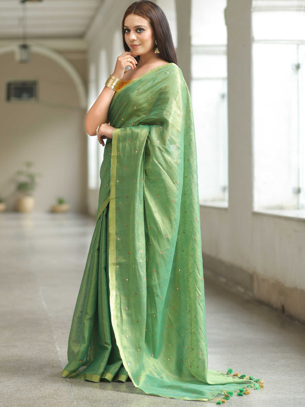 Banarasee Pure Linen By Tissue Metallic Shine Saree With Brocade Blouse-Green
