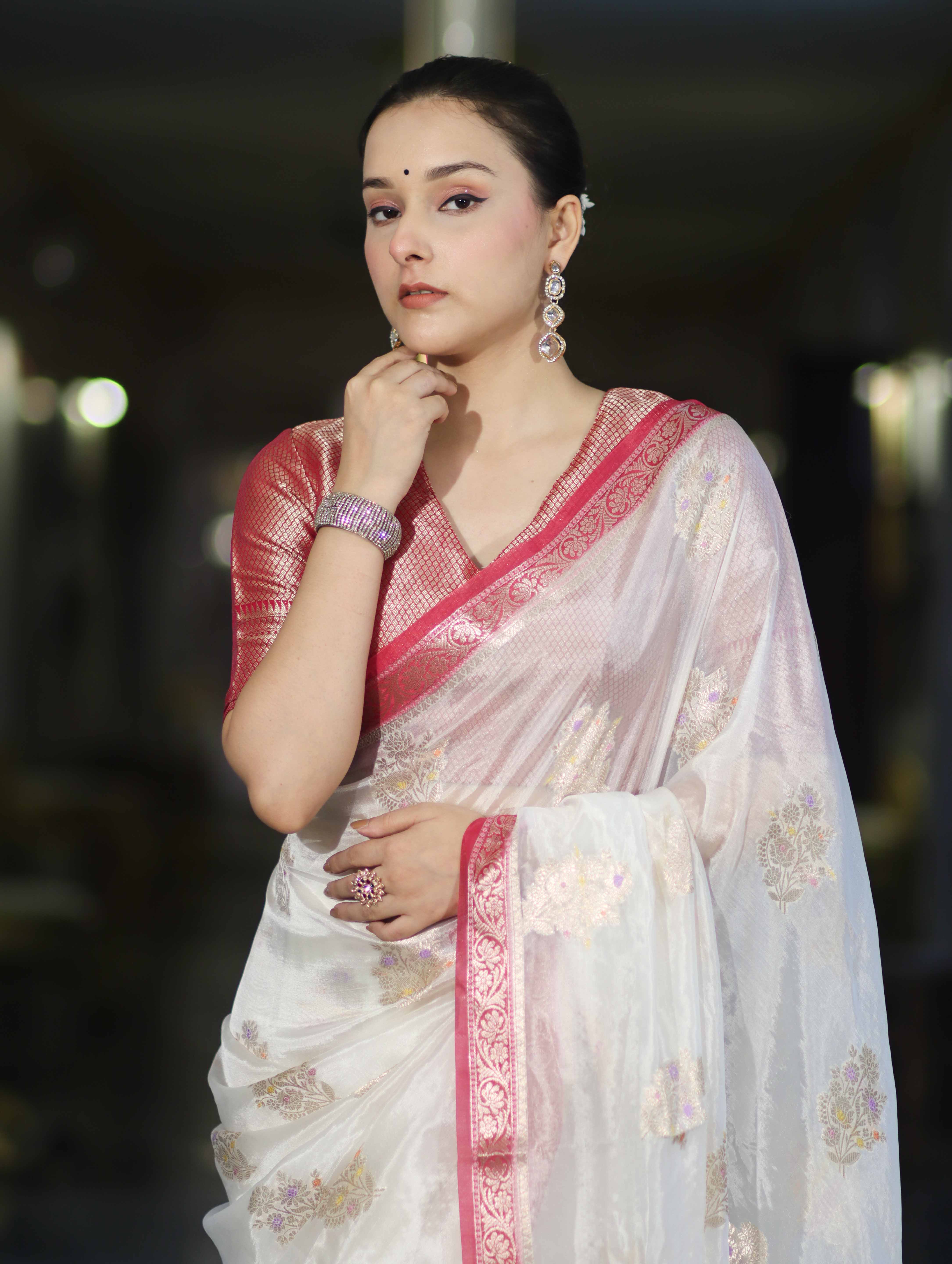 Banarasee Handloom Dupion Silk Saree With Zari Floral Buta Design & Border-White