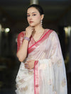 Banarasee Handloom Dupion Silk Saree With Zari Floral Buta Design & Border-White