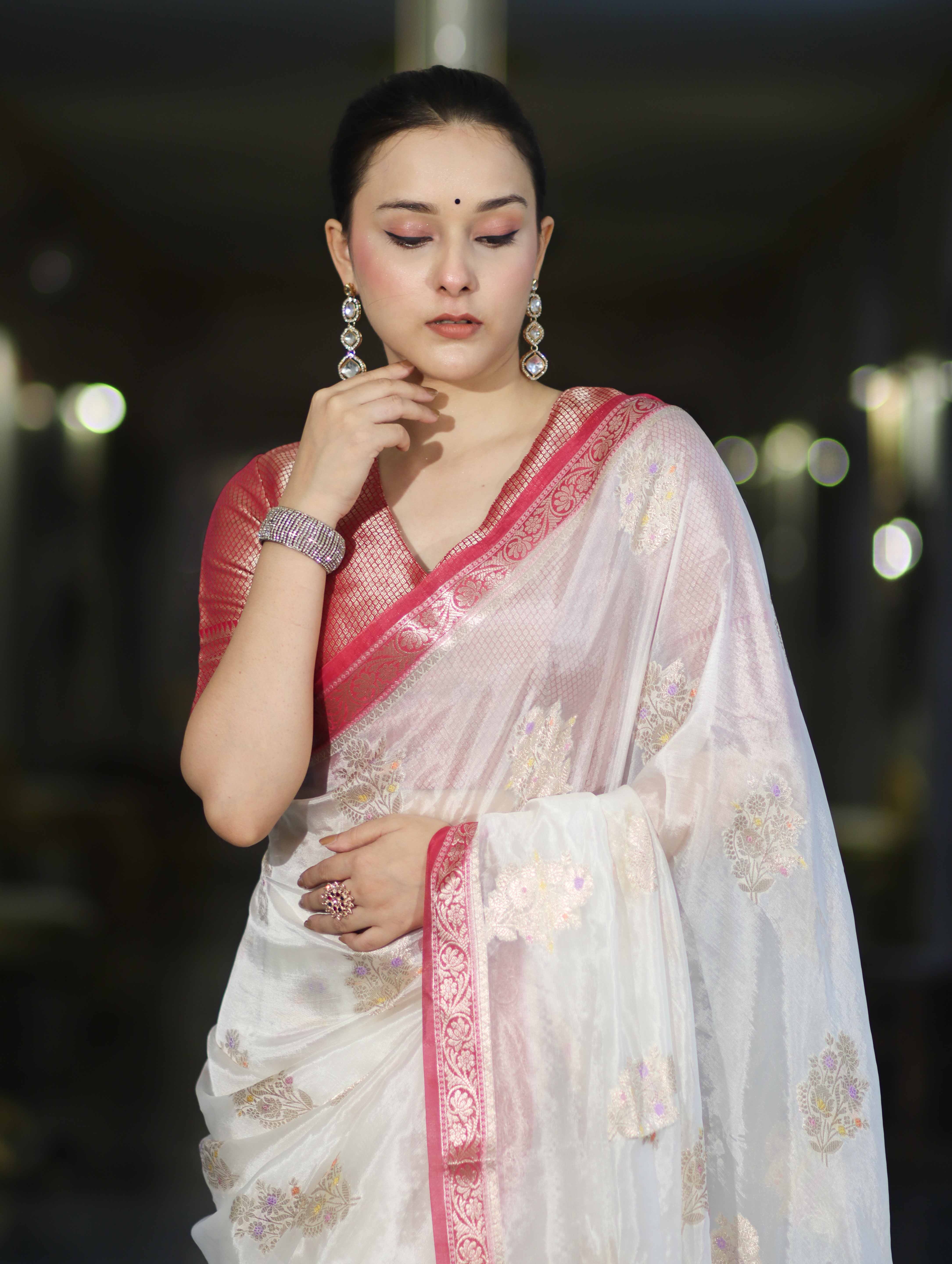 Banarasee Handloom Dupion Silk Saree With Zari Floral Buta Design & Border-White