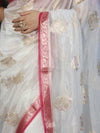 Banarasee Handloom Dupion Silk Saree With Zari Floral Buta Design & Border-White