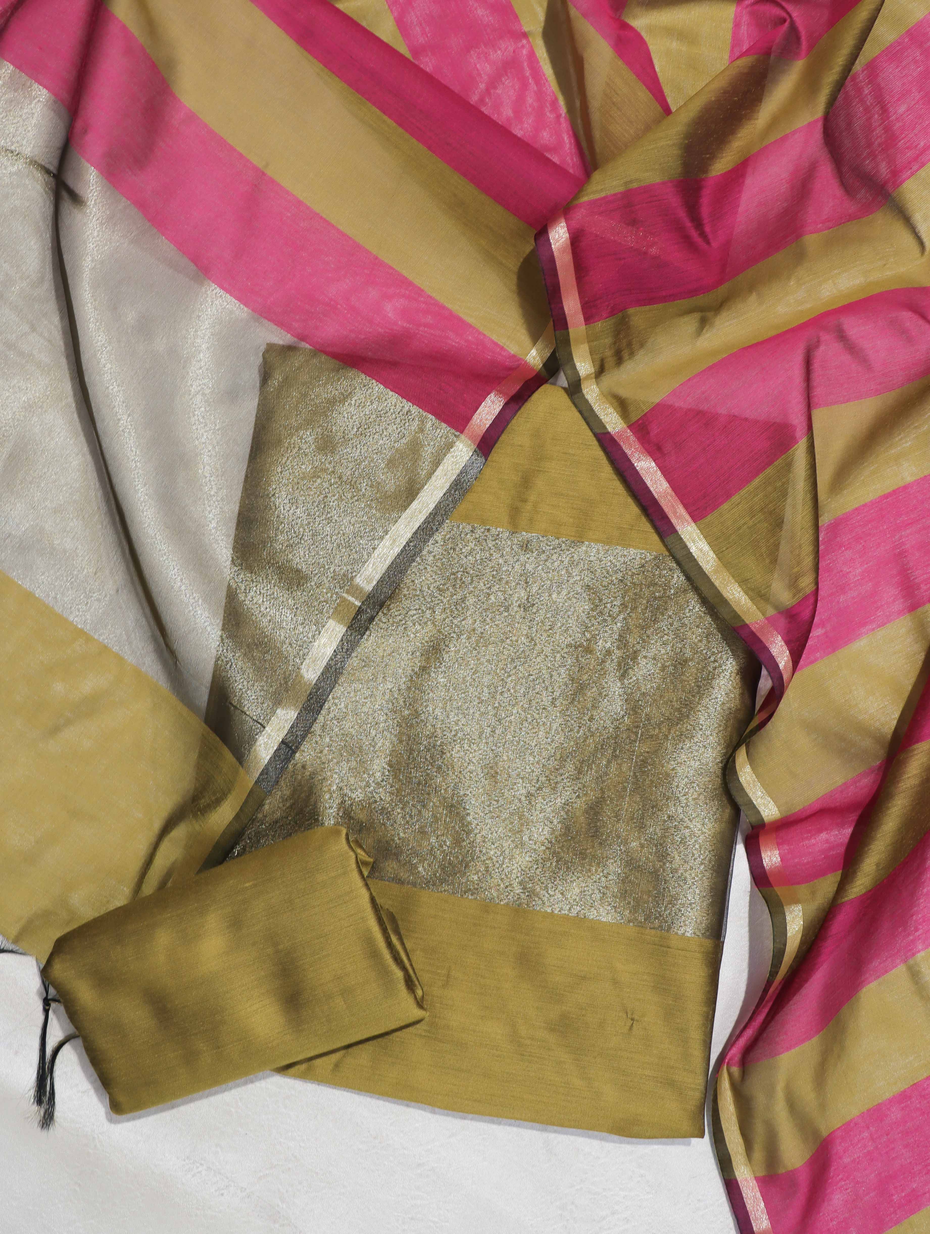 Banarasee Cotton Silk Stripe Pattern Salwar Kameez Fabric With Dupatta Set-Olive Yellow