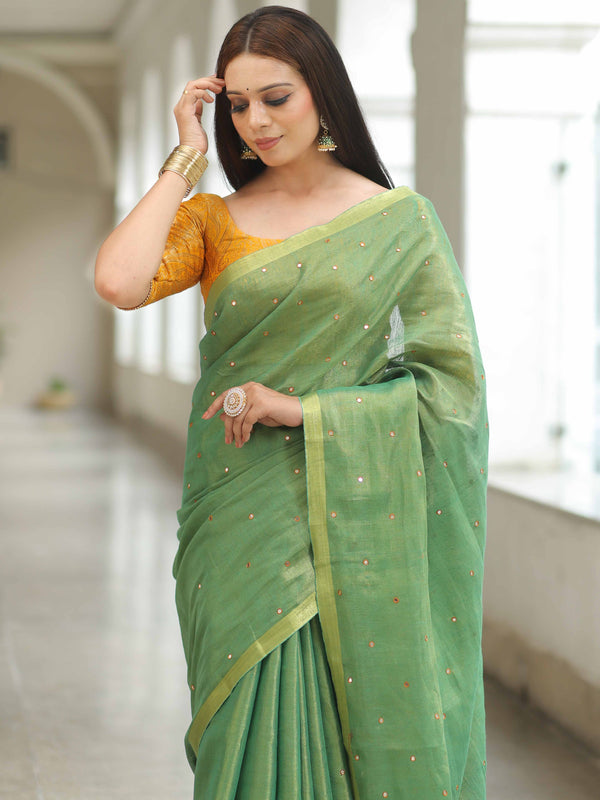 Banarasee Pure Linen By Tissue Metallic Shine Saree With Brocade Blouse-Green