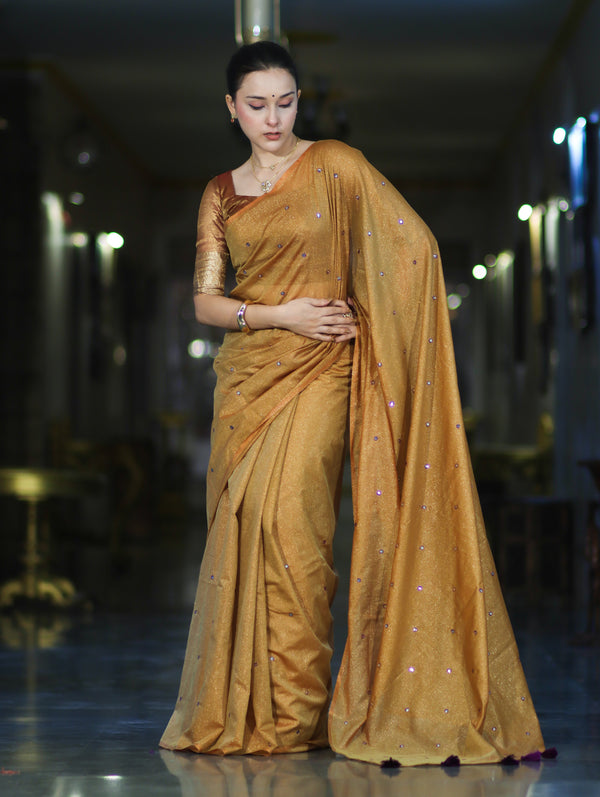 Banarasee Handwoven Semi Silk Shine Saree With Mirror Work-Yellow (Gold Tone)