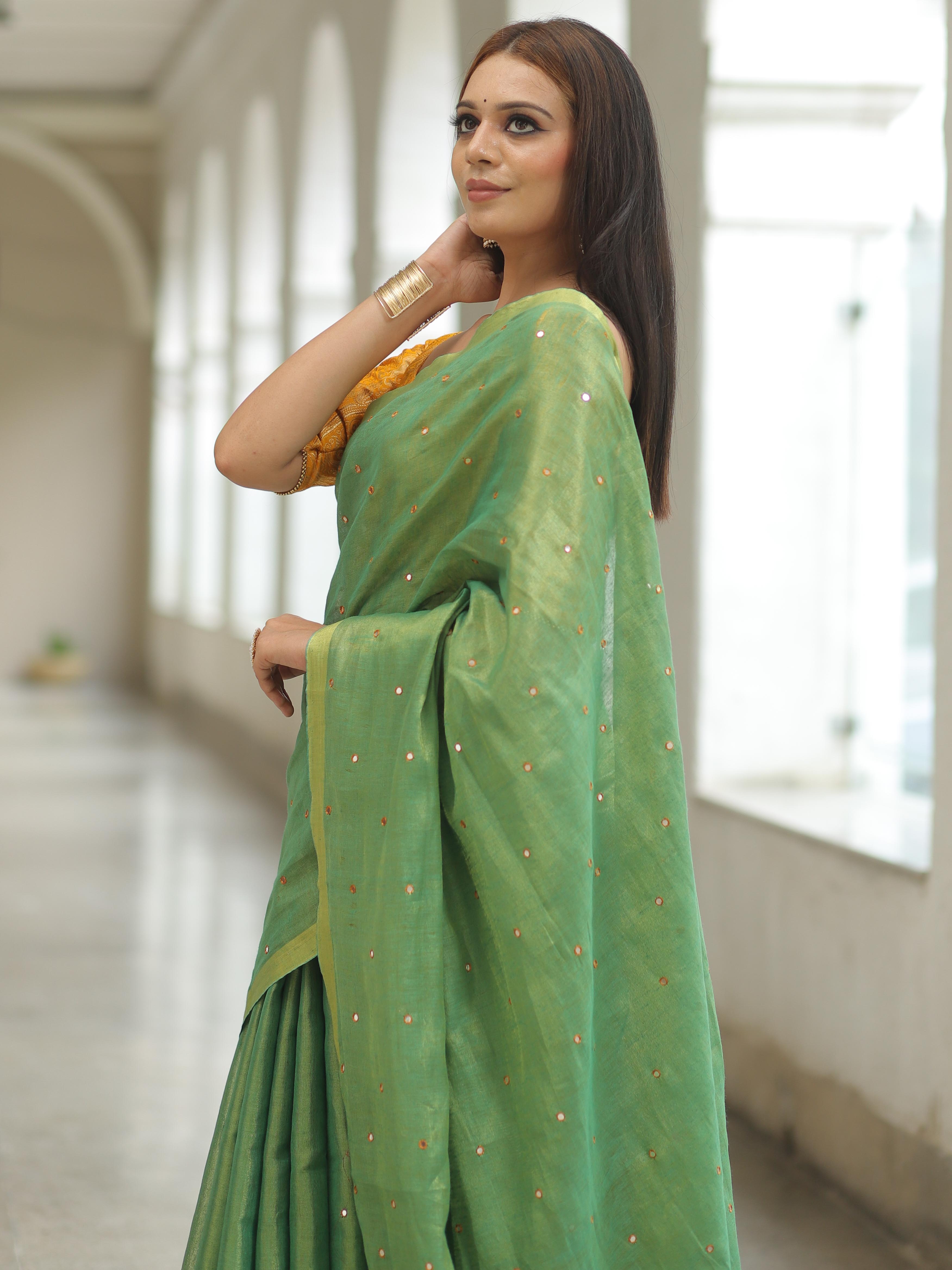 Banarasee Pure Linen By Tissue Metallic Shine Saree With Brocade Blouse-Green