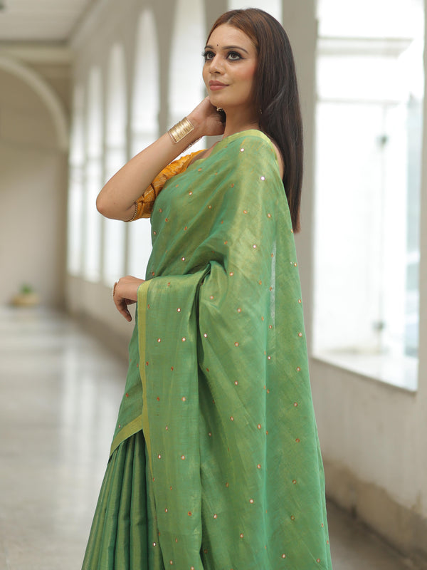 Banarasee Pure Linen By Tissue Metallic Shine Saree With Brocade Blouse-Green