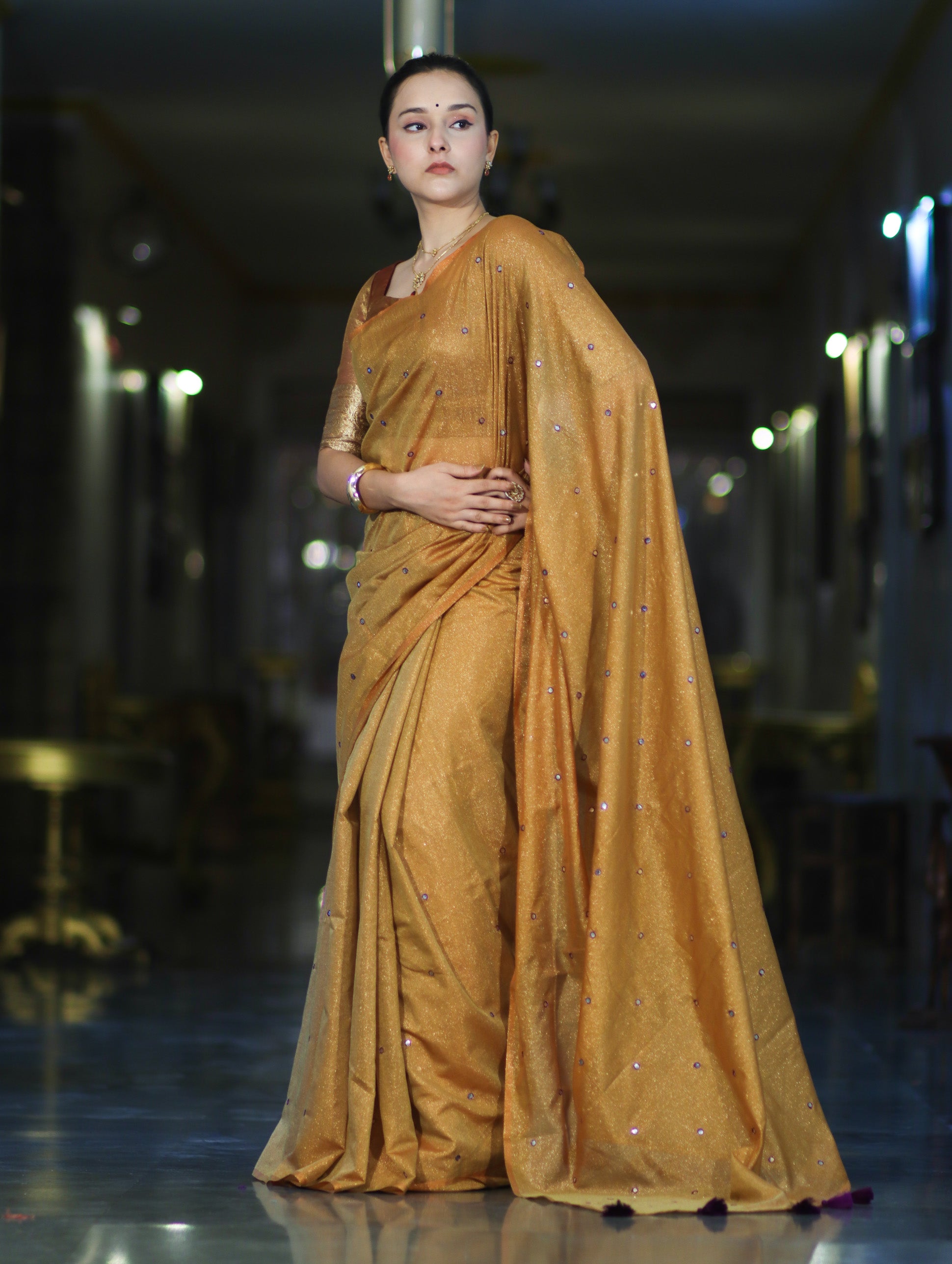 Banarasee Handwoven Semi Silk Shine Saree With Mirror Work-Yellow (Gold Tone)