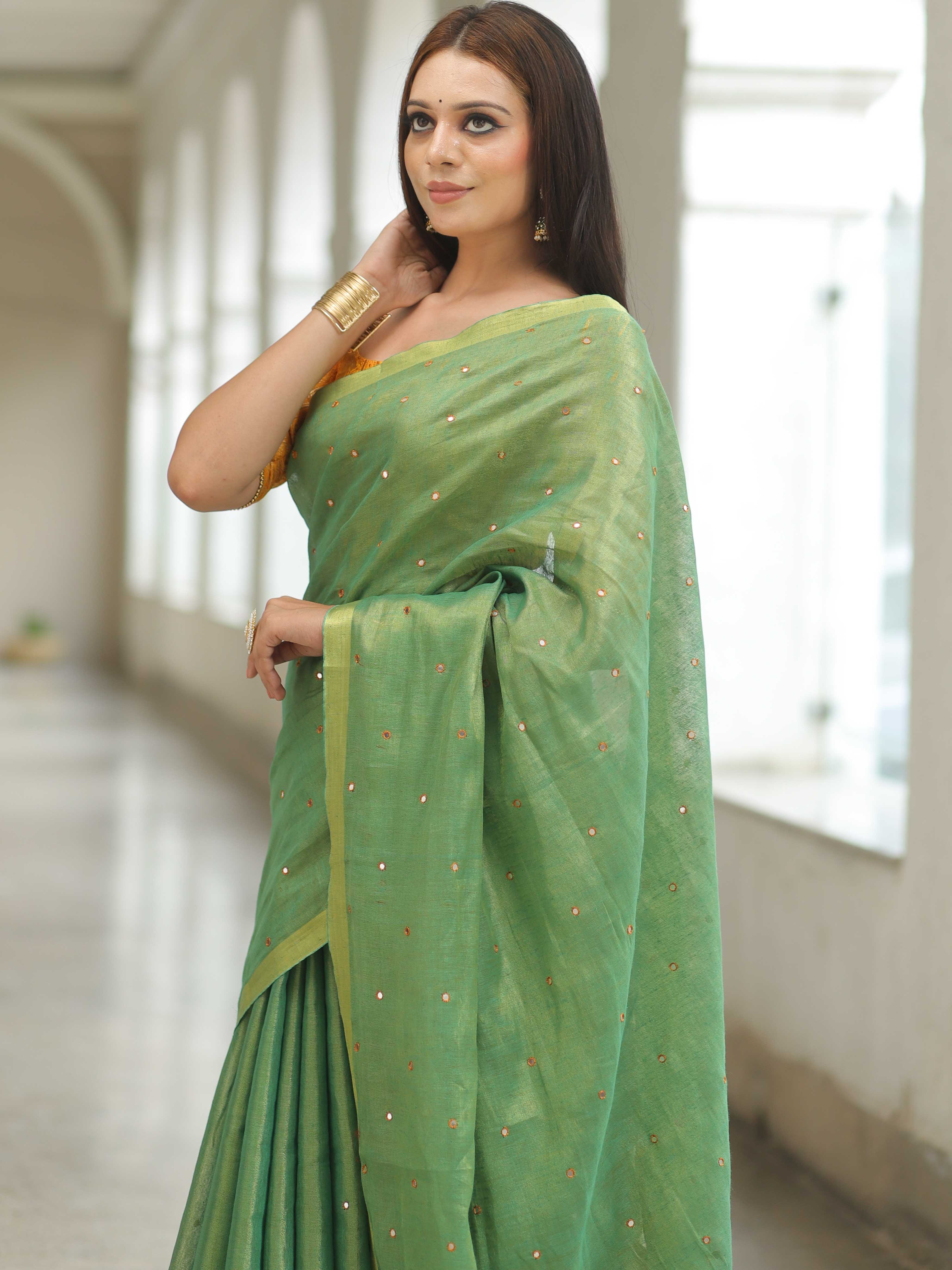 Banarasee Pure Linen By Tissue Metallic Shine Saree With Brocade Blouse-Green