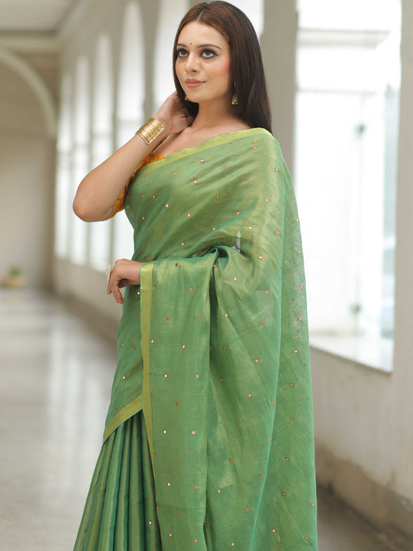 Banarasee Pure Linen By Tissue Metallic Shine Saree With Brocade Blouse-Green