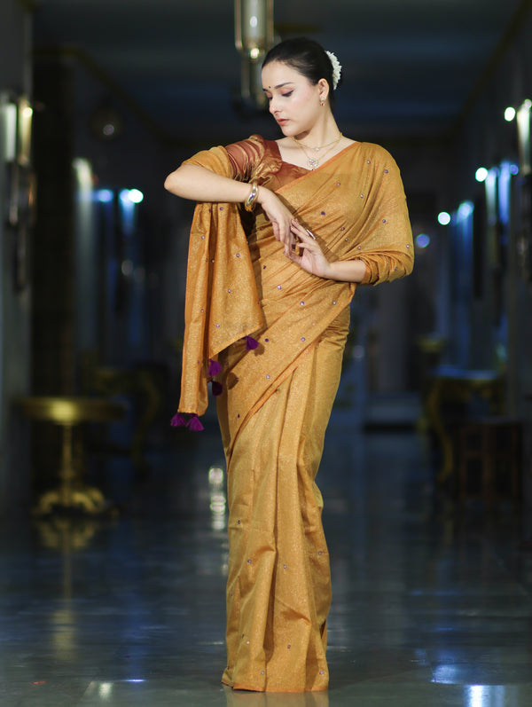 Banarasee Handwoven Semi Silk Shine Saree With Mirror Work-Yellow (Gold Tone)
