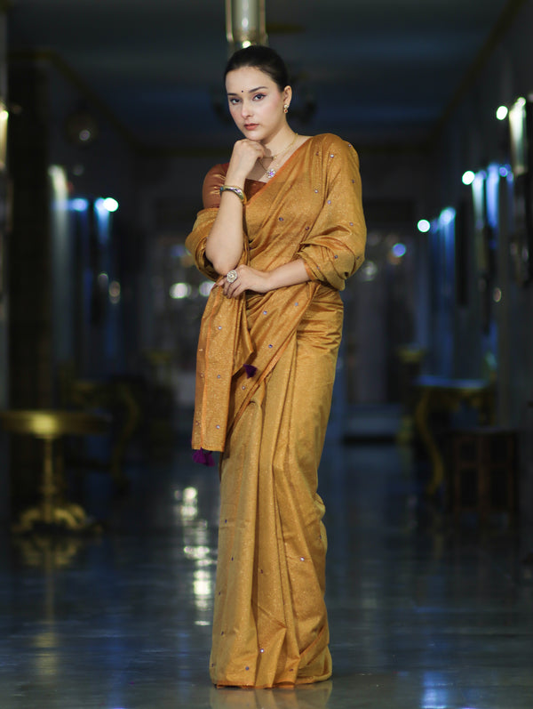 Banarasee Handwoven Semi Silk Shine Saree With Mirror Work-Yellow (Gold Tone)