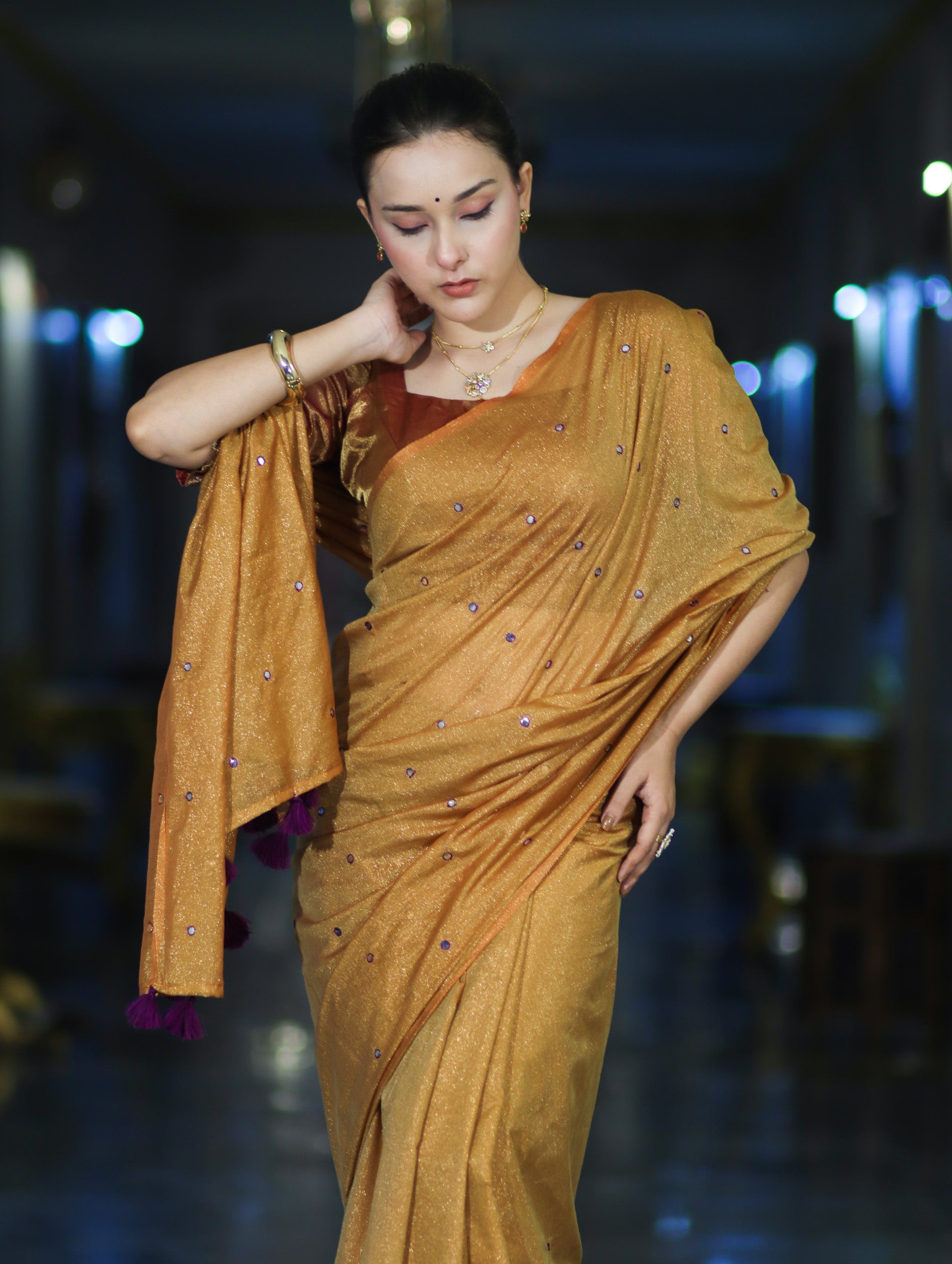 Banarasee Handwoven Semi Silk Shine Saree With Mirror Work-Yellow (Gold Tone)