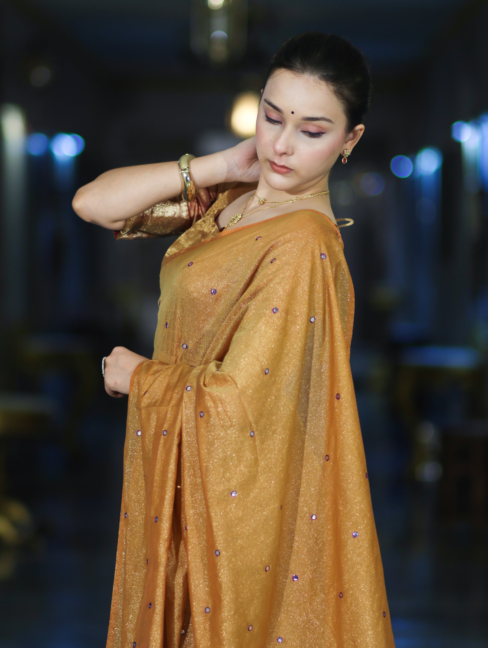 Banarasee Handwoven Semi Silk Shine Saree With Mirror Work-Yellow (Gold Tone)