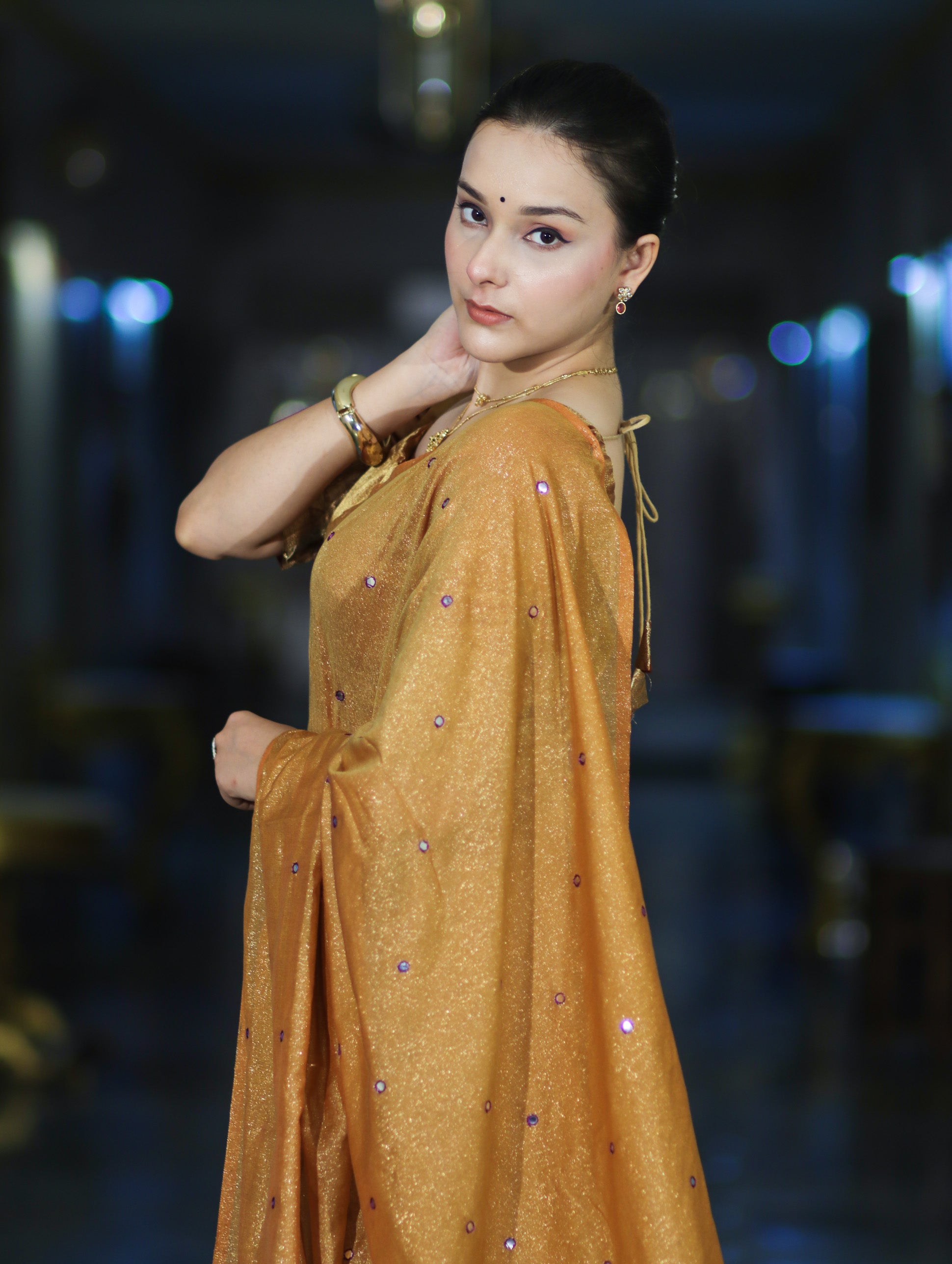 Banarasee Handwoven Semi Silk Shine Saree With Mirror Work-Yellow (Gold Tone)