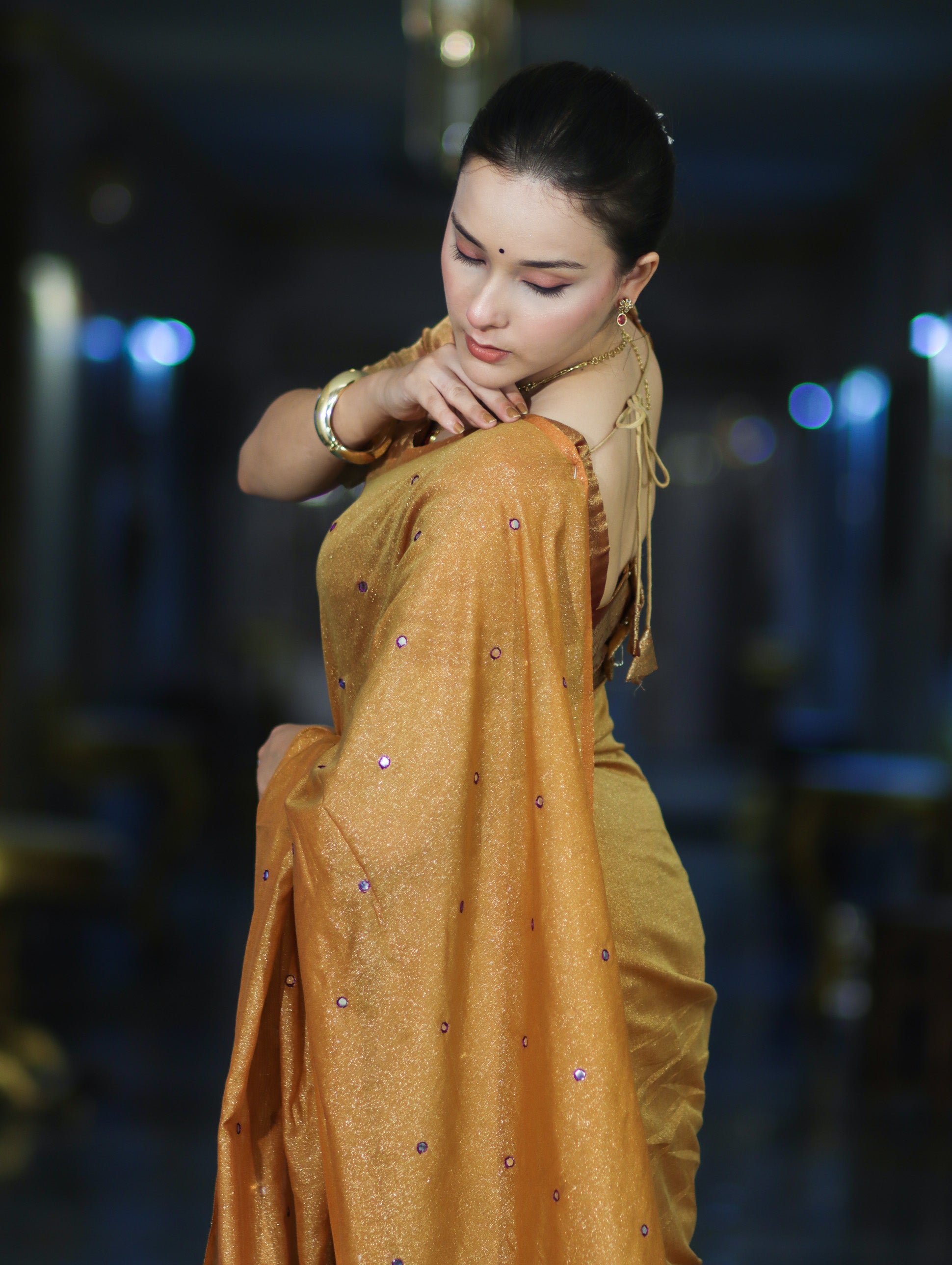 Banarasee Handwoven Semi Silk Shine Saree With Mirror Work-Yellow (Gold Tone)