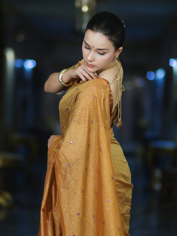 Banarasee Handwoven Semi Silk Shine Saree With Mirror Work-Yellow (Gold Tone)