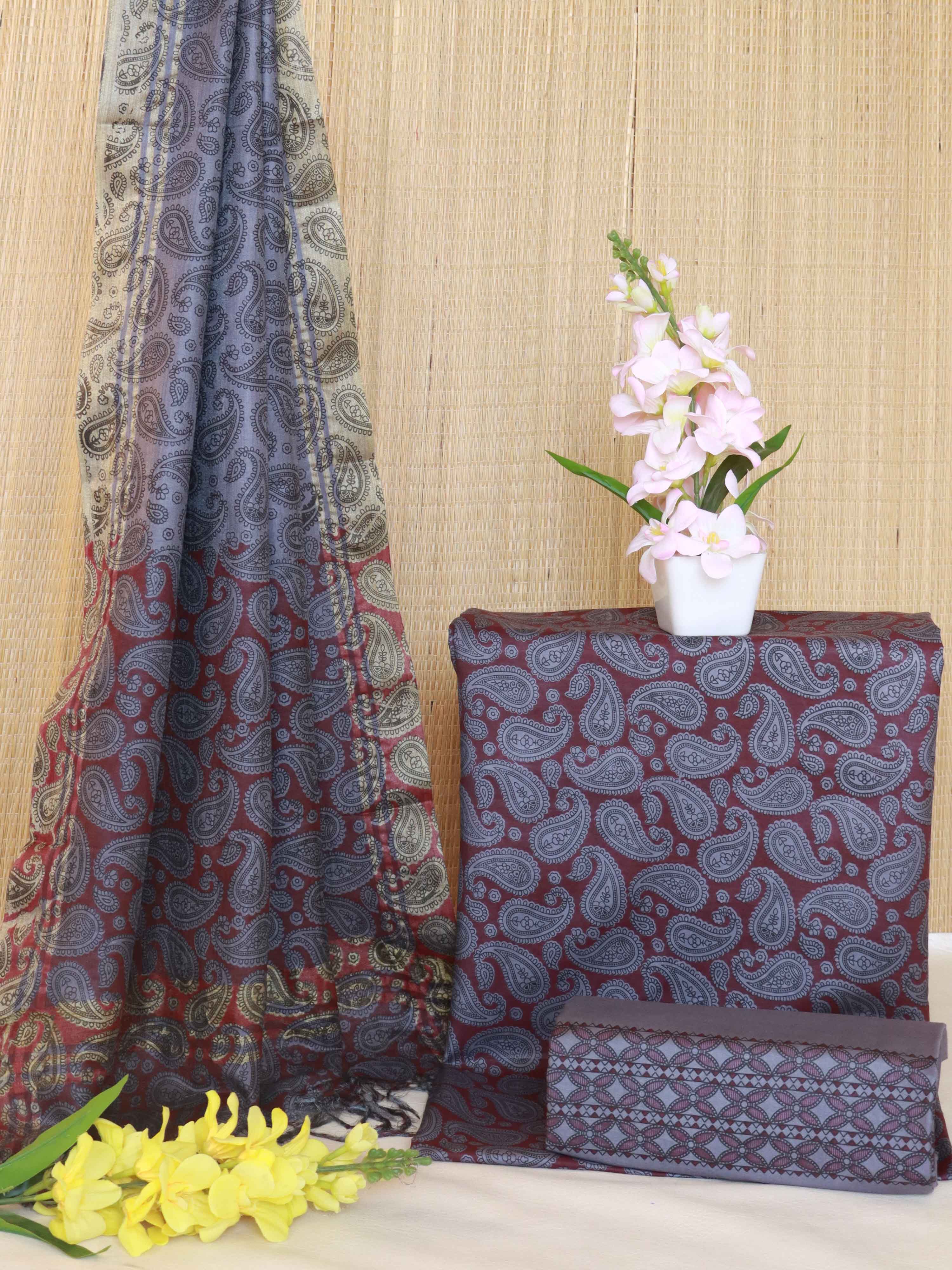 Handloom Block Printed Khadi Cotton Salwar Kameez With Dupatta Set-Grey & Red