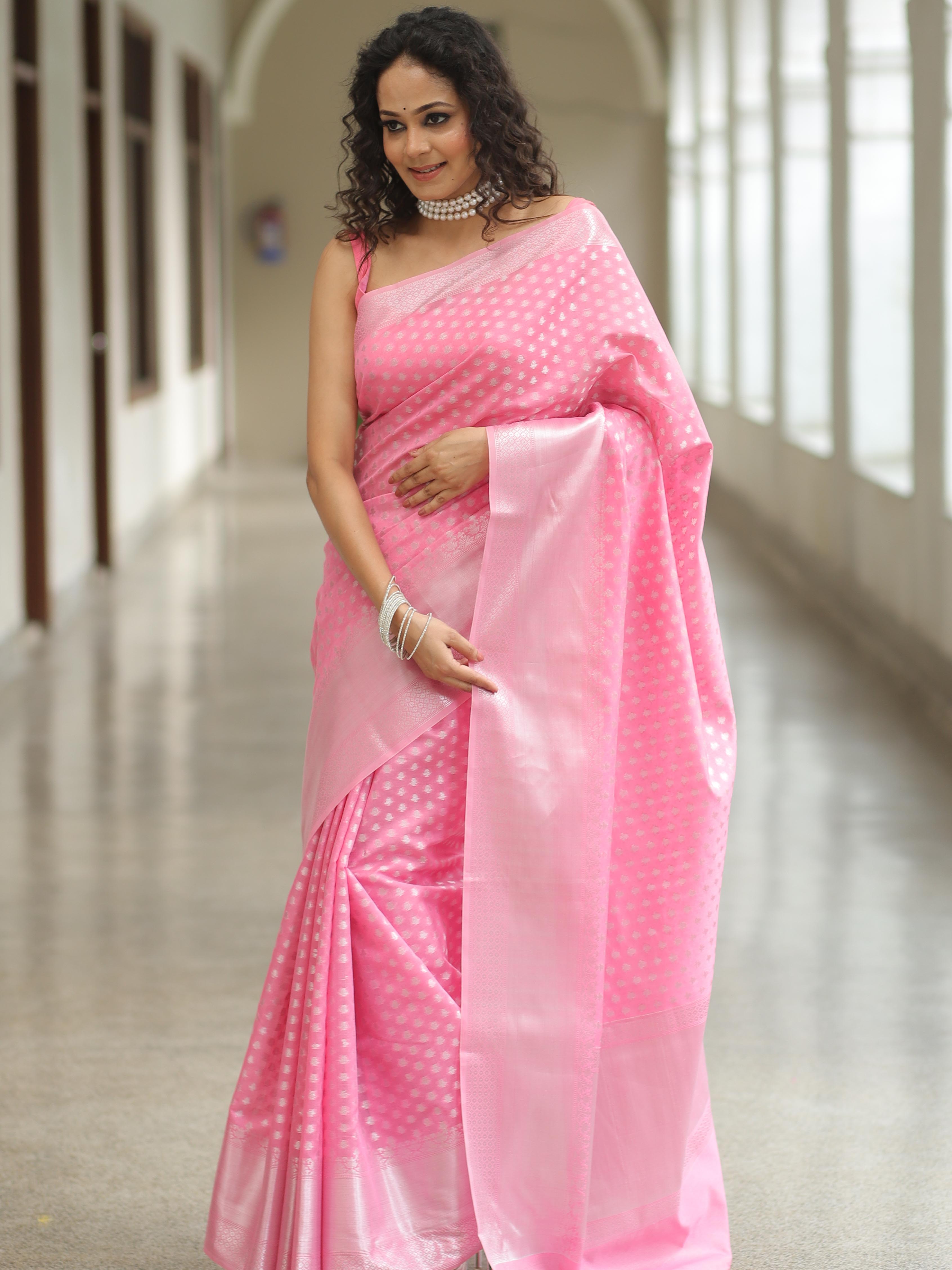 Banarasee Cotton Silk Floral Silver Zari Work Saree-Pink